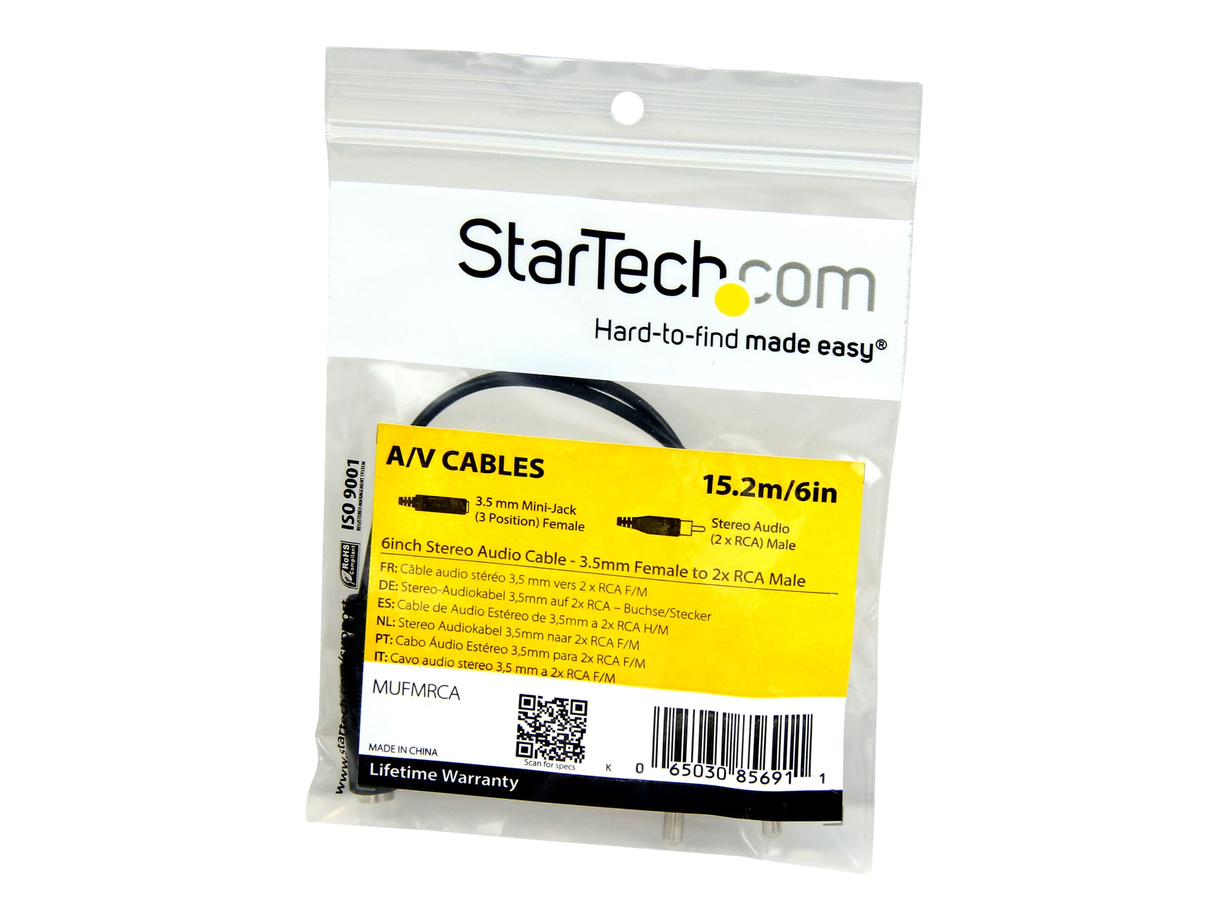 StarTech.com 6in RCA to 3.5mm Female Cable - Audio to RCA Cable - 3.5mm Female to 2x RCA Male - Aux to RCA - Stereo Audio Cable (MUFMRCA) Audiokabel 15.24cm Sort