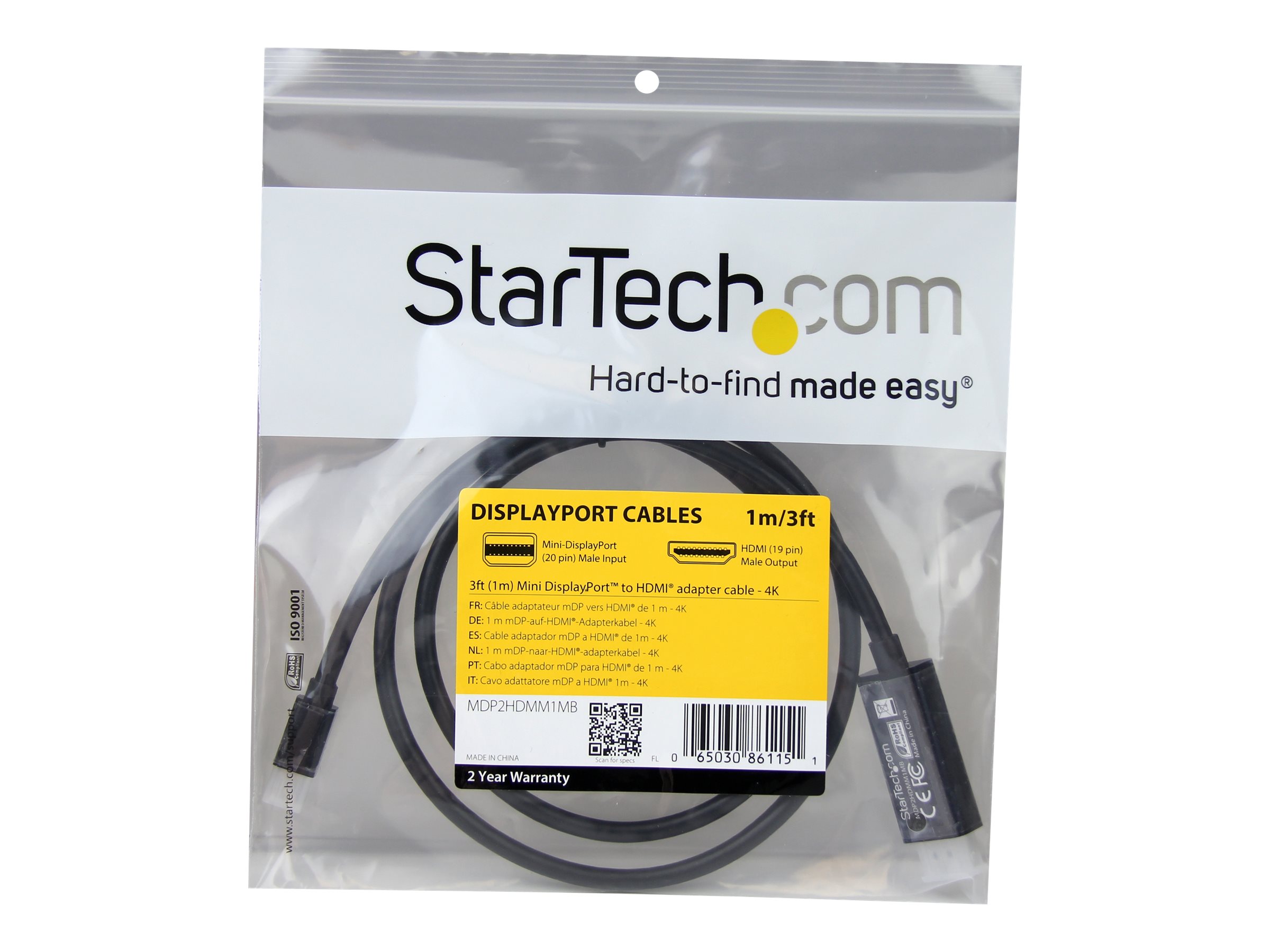 StarTech.com Mini DisplayPort to HDMI converter cable - 3 ft (1m) - mDP to HDMI adapter with built-in cable - (M / M) Ultra HD 4K (MDP2HDMM1MB) Videoadapterkabel 1m Sort