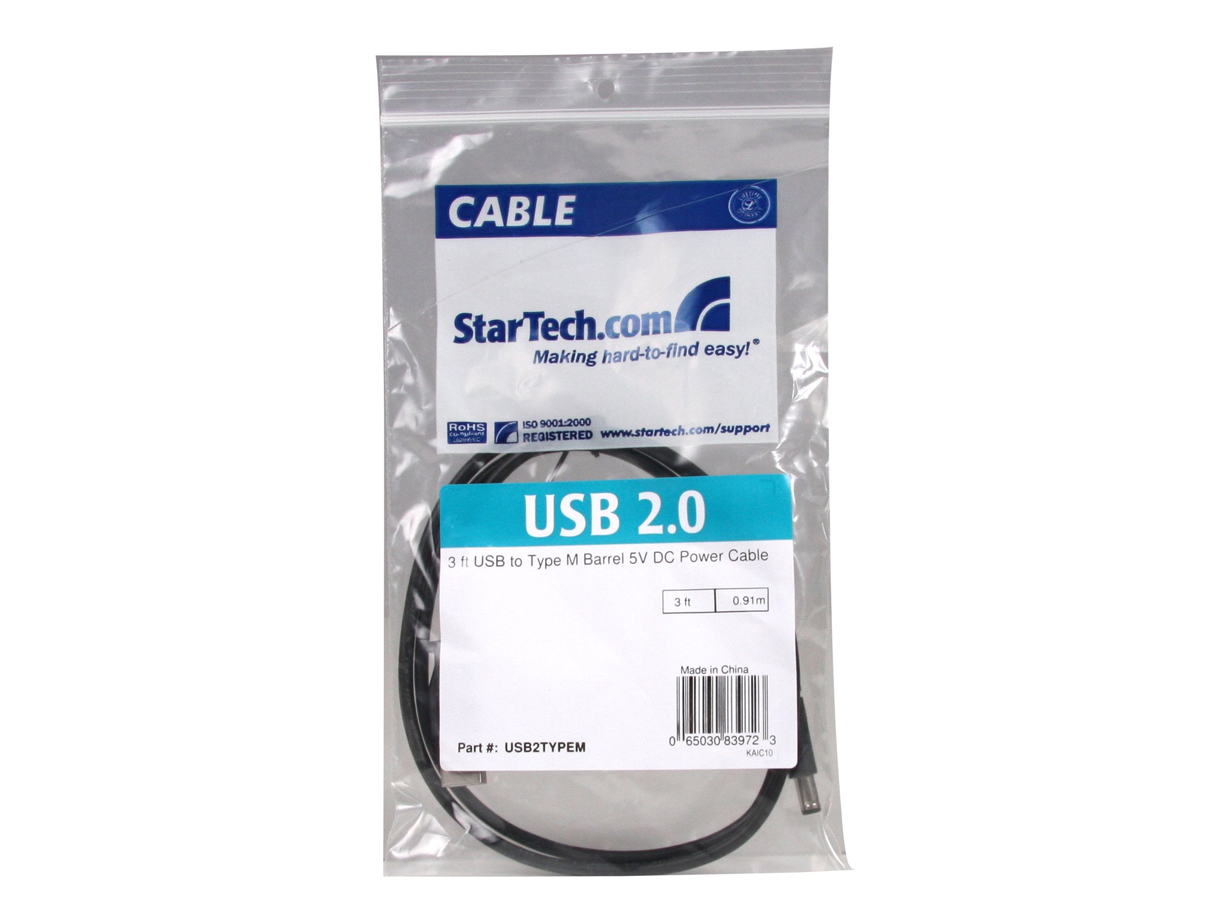 StarTech.com 3 ft USB to Type M Barrel 5V DC Power Cable - Power cable - USB (power only) (M) to DC jack 5.5 mm (M) - 3 ft - molded - black - USB2TYPEM Strømkabel 91cm Sort