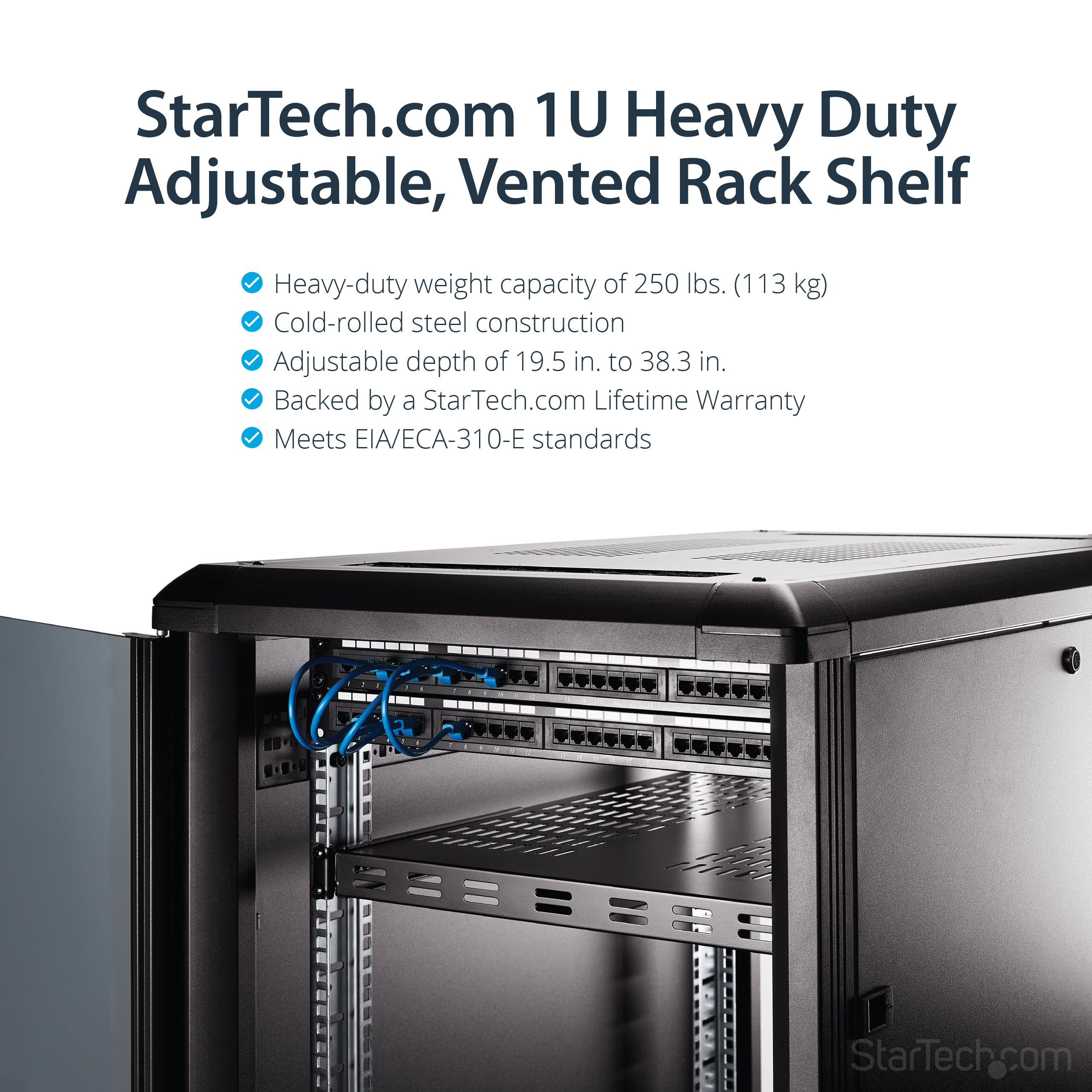 StarTech.com Server Rack Shelf - 1U - Adjustable Mount Depth - Heavy Duty Rackhylde Sort