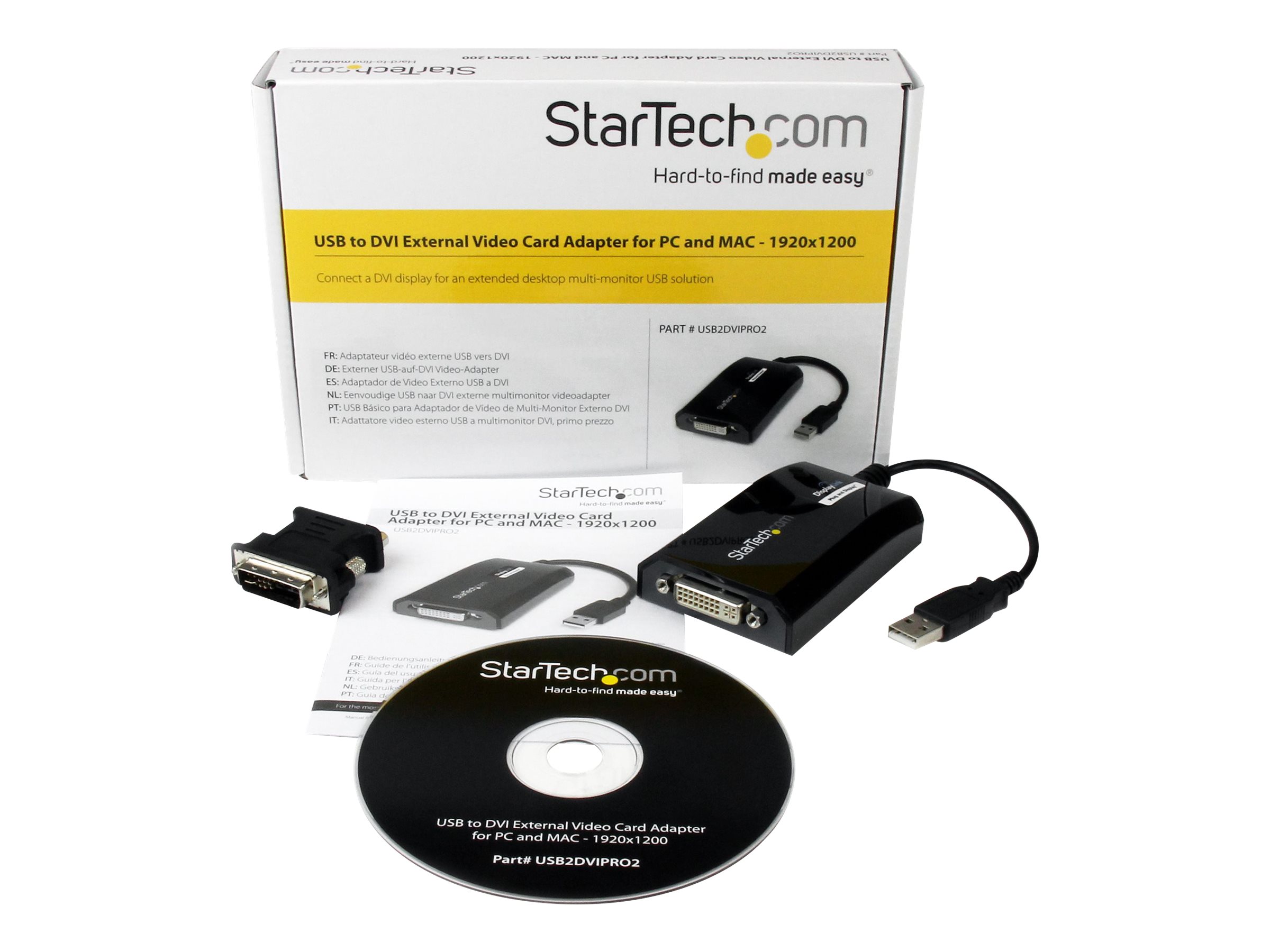 StarTech.com USB to DVI Adapter - 1920x1200 - External Video & Graphics Card - Dual Monitor Display Adapter Cable - Supports Mac & Windows (USB2DVIPRO2) USB / DVI adapter 27m Sort