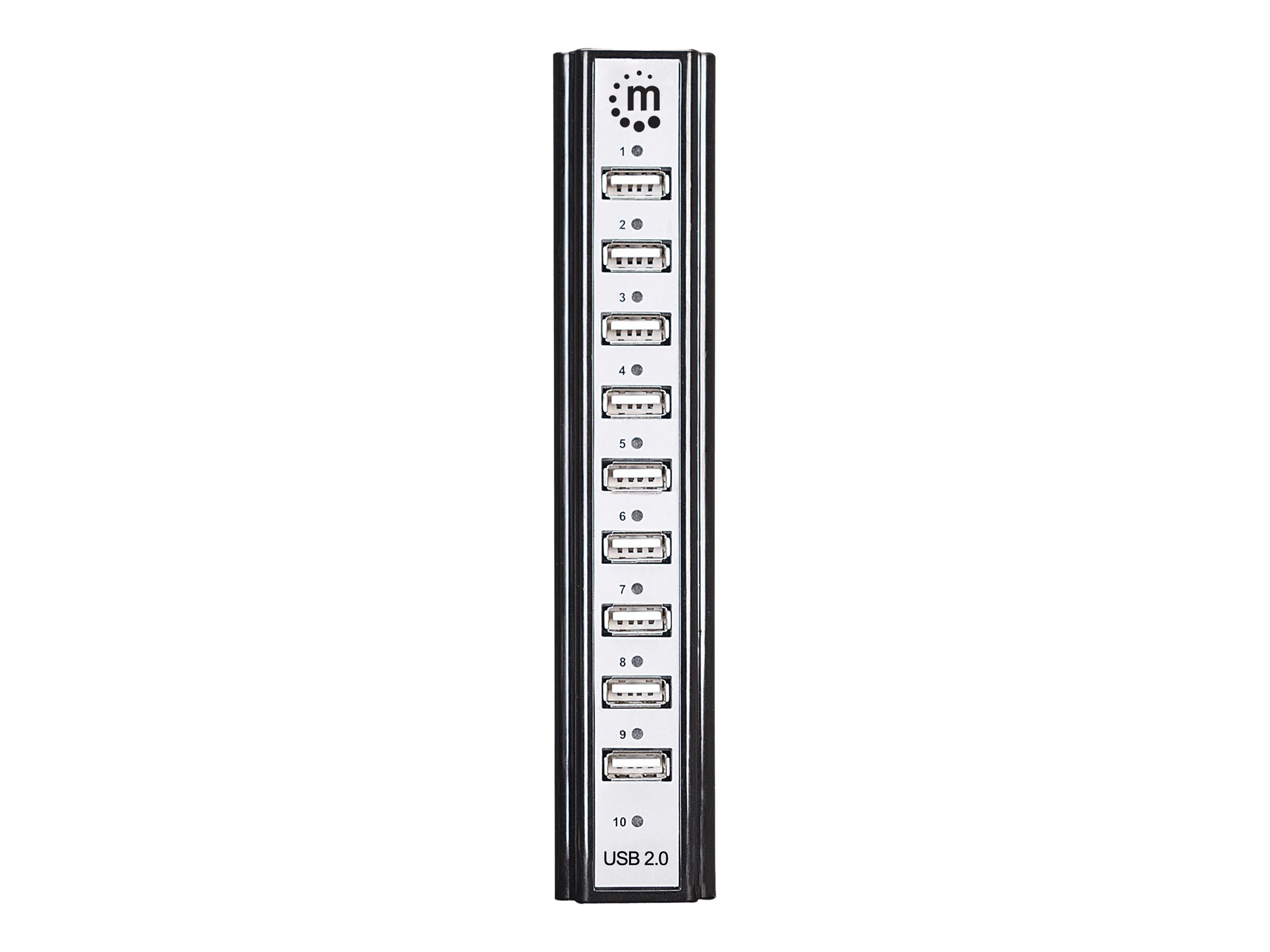 Manhattan USB-A 10-Port Desktop Hub, 10x USB-A Ports, 480 Mbps (USB 2.0), Bus or AC Power, Hi-Speed USB, Black, Three Year Warranty, Boxed Sort Sølv