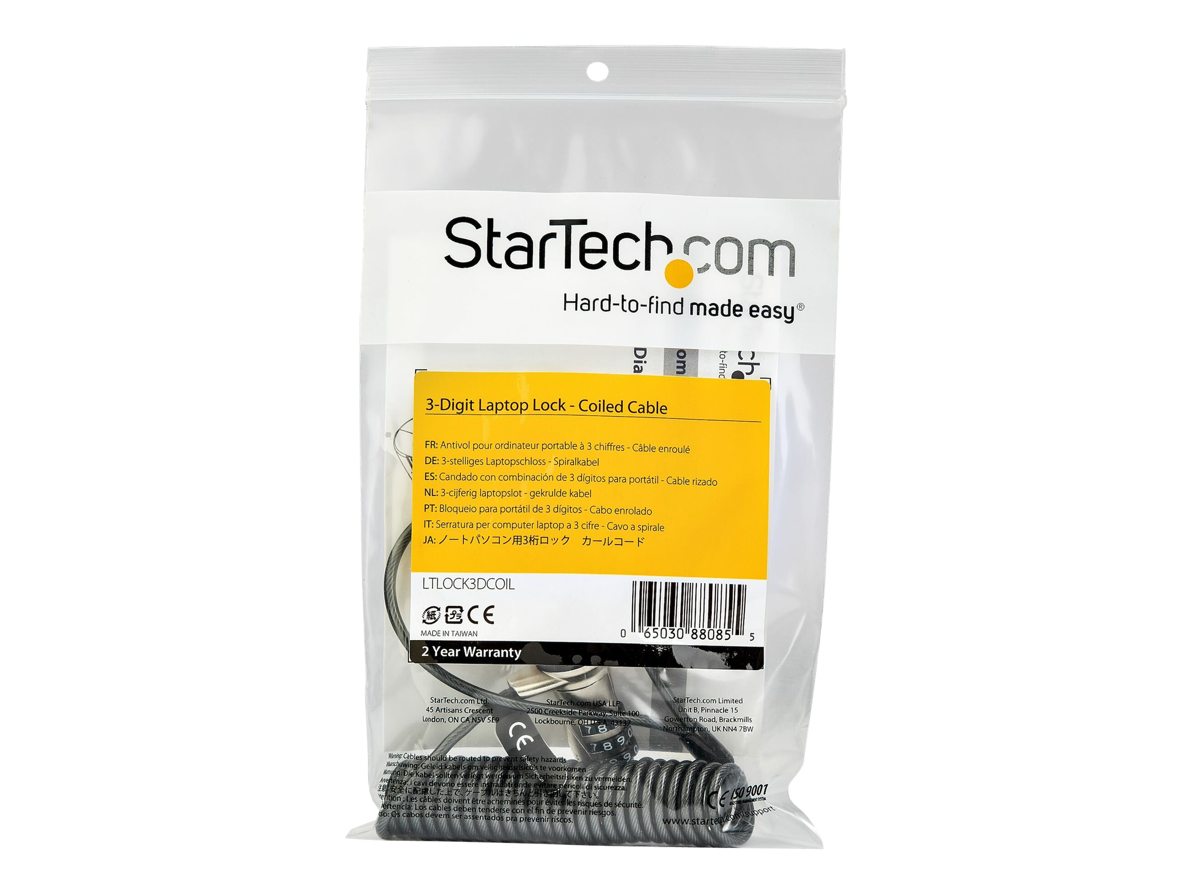 StarTech.com Laptop Combination Cable Lock - Self-Coiling Cable - 3-Digit Sikkerhedskabelslås
