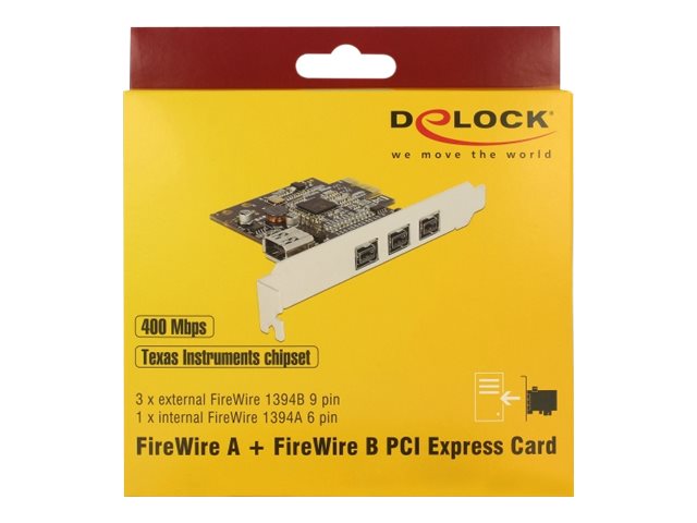 DeLock PCI Express Card > 3 x external FireWire B 1 x internal FireWire A FireWire adapter PCI Express x1 800Mbps