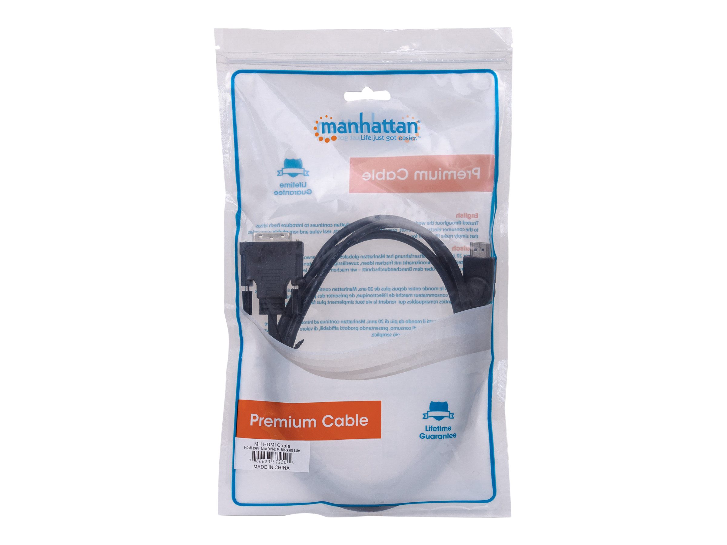 Manhattan HDMI to DVI-D 24+1 Cable, 1.8m, Male to Male, Black, Dual Link, Compatible with DVD-D, Lifetime Warranty, Polybag Videoadapterkabel 1.8m Sort