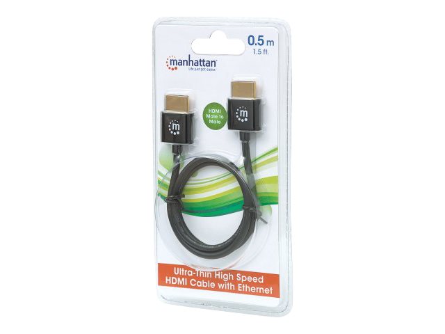 Manhattan HDMI Cable with Ethernet (Ultra Thin), 4K@60Hz (Premium High Speed), 0.5m, Male to Male, Black, Ultra HD 4k x 2k, Fully Shielded, Gold Plated Contacts, Lifetime Warranty, Polybag HDMI-kabel med Ethernet 50cm Sort