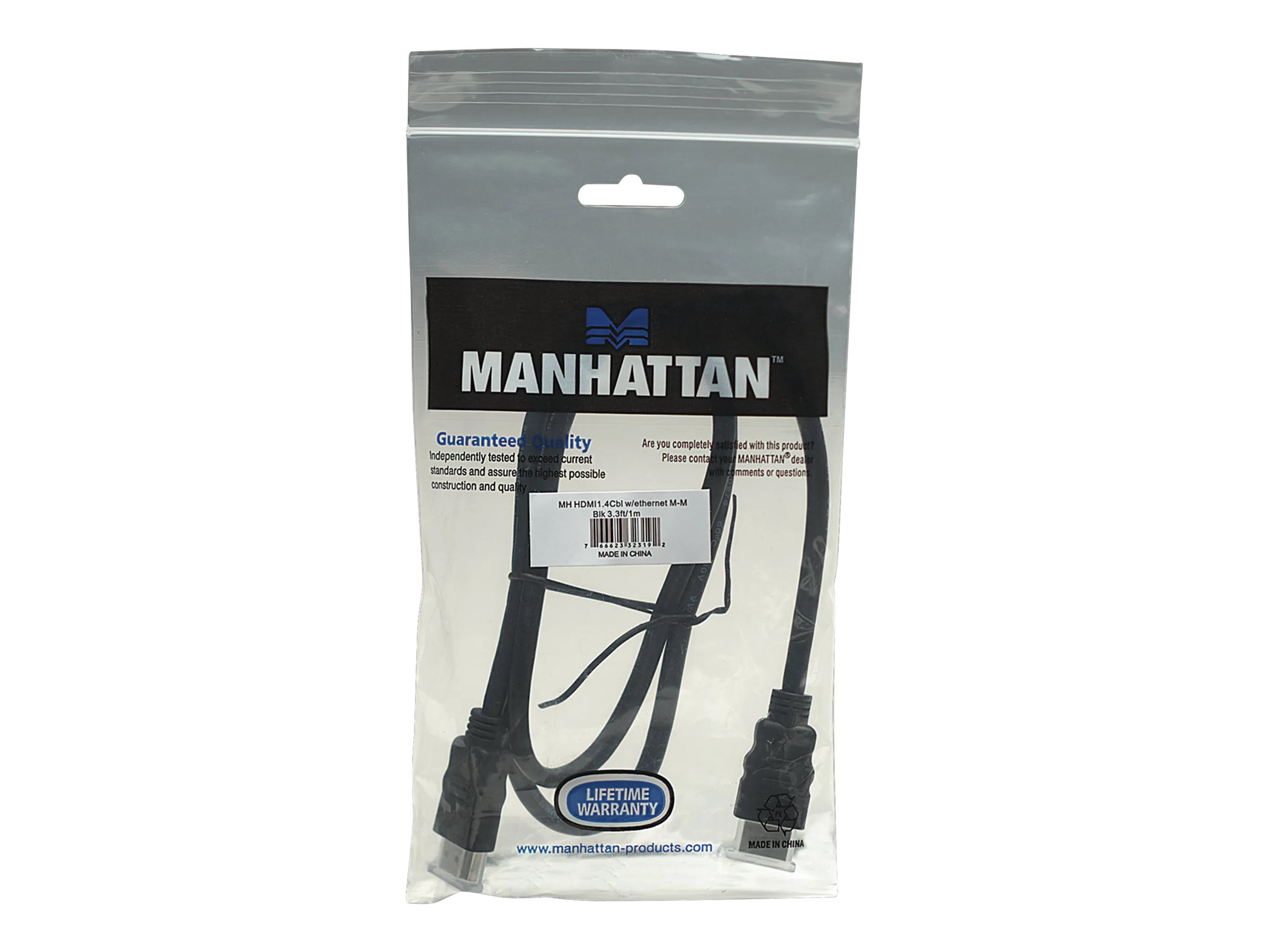 Manhattan HDMI Cable with Ethernet, 4K@30Hz (High Speed), 1m, Male to Male, Black, Ultra HD 4k x 2k, Fully Shielded, Gold Plated Contacts, Lifetime Warranty, Polybag HDMI-kabel med Ethernet 1m Sort