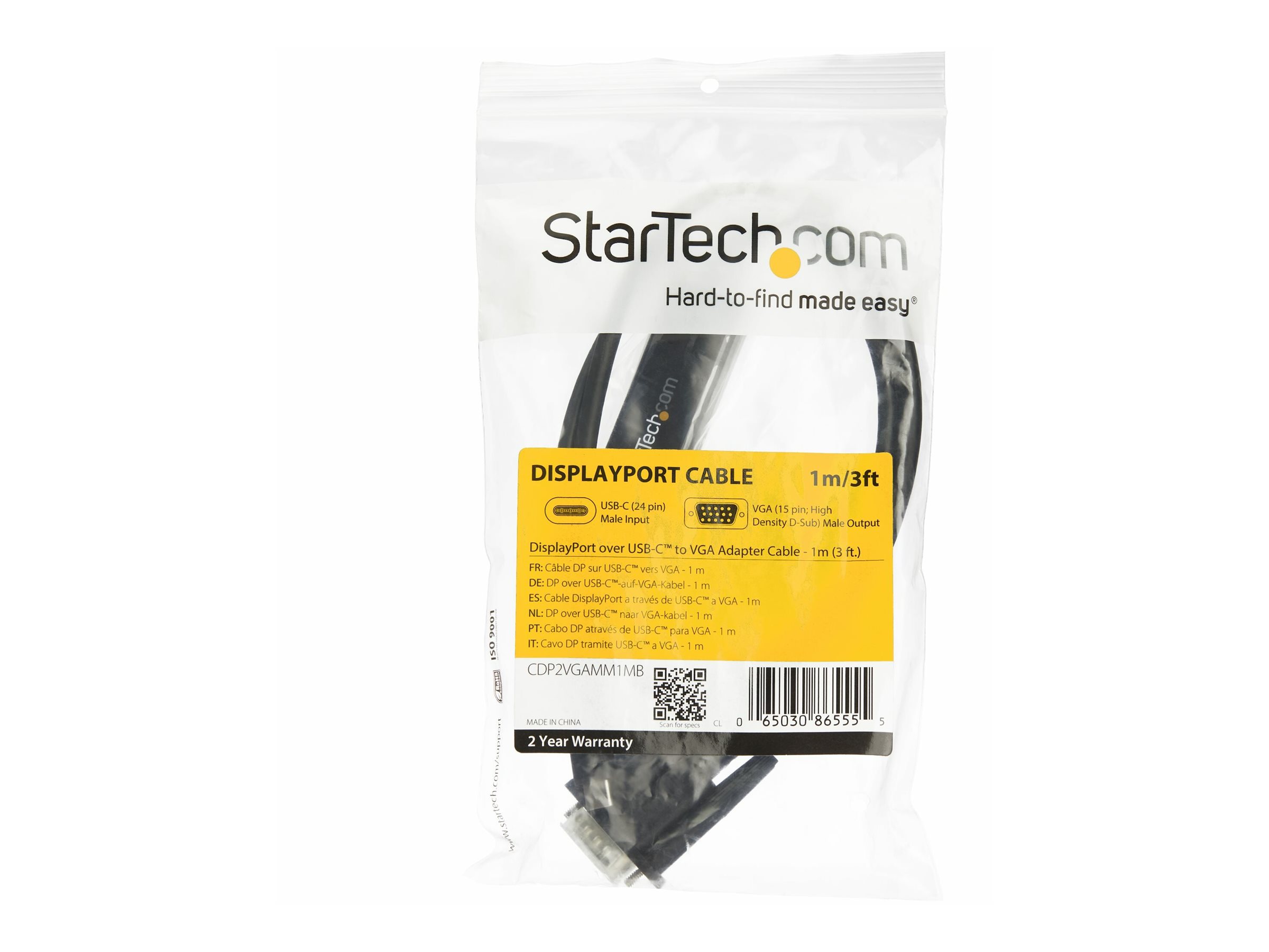 StarTech.com 3ft (1m) USB C to VGA Cable, 1920x1200/1080p USB Type C to VGA Video Active Adapter Cable, Thunderbolt 3 Compatible, Laptop to VGA Monitor/Projector, DP Alt Mode HBR2 Cable - 1m USB-C Video Cable (CDP2VGAMM1MB) Ekstern videoadapter