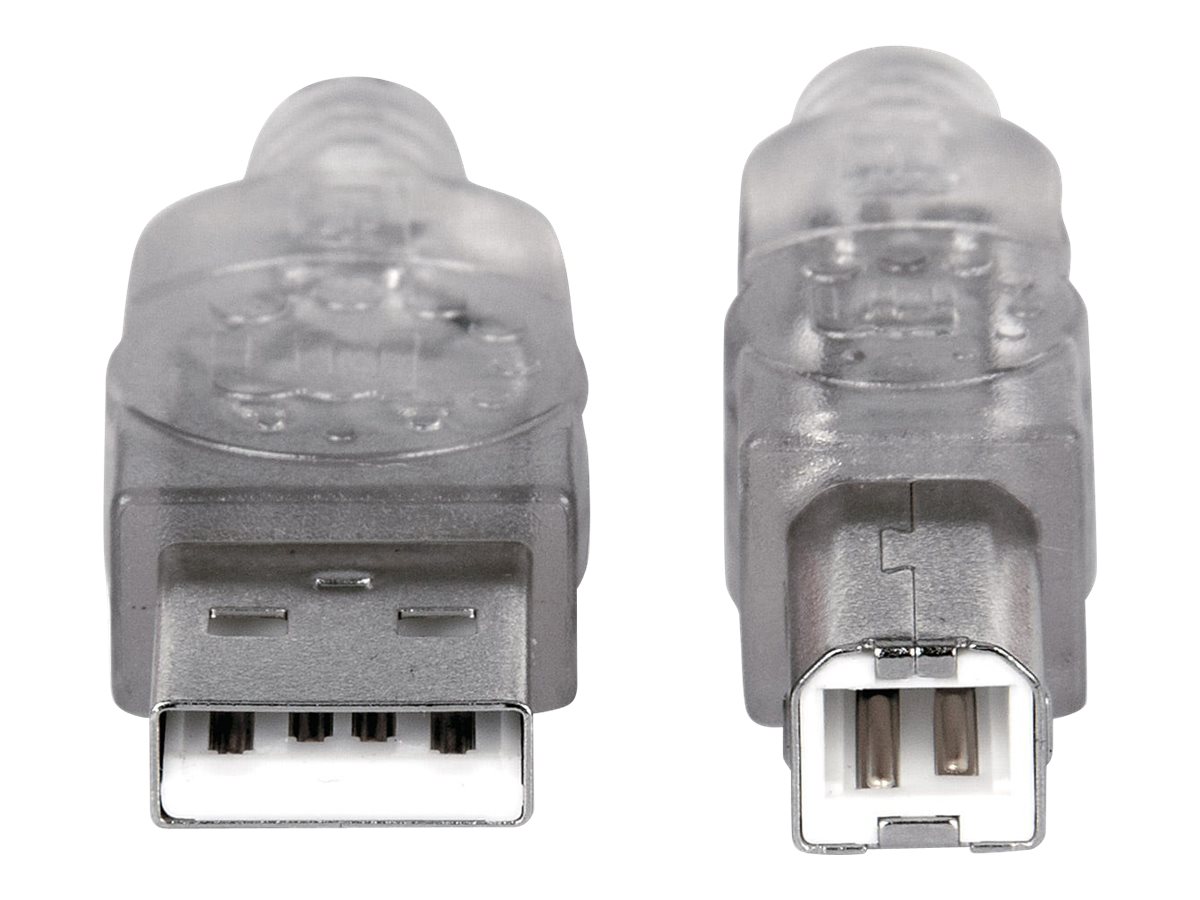 Manhattan USB-A to USB-B Cable, 1.8m, Male to Male, Translucent Silver, 480 Mbps (USB 2.0), Hi-Speed USB, Lifetime Warranty, Polybag USB-kabel 1.8m Sølv