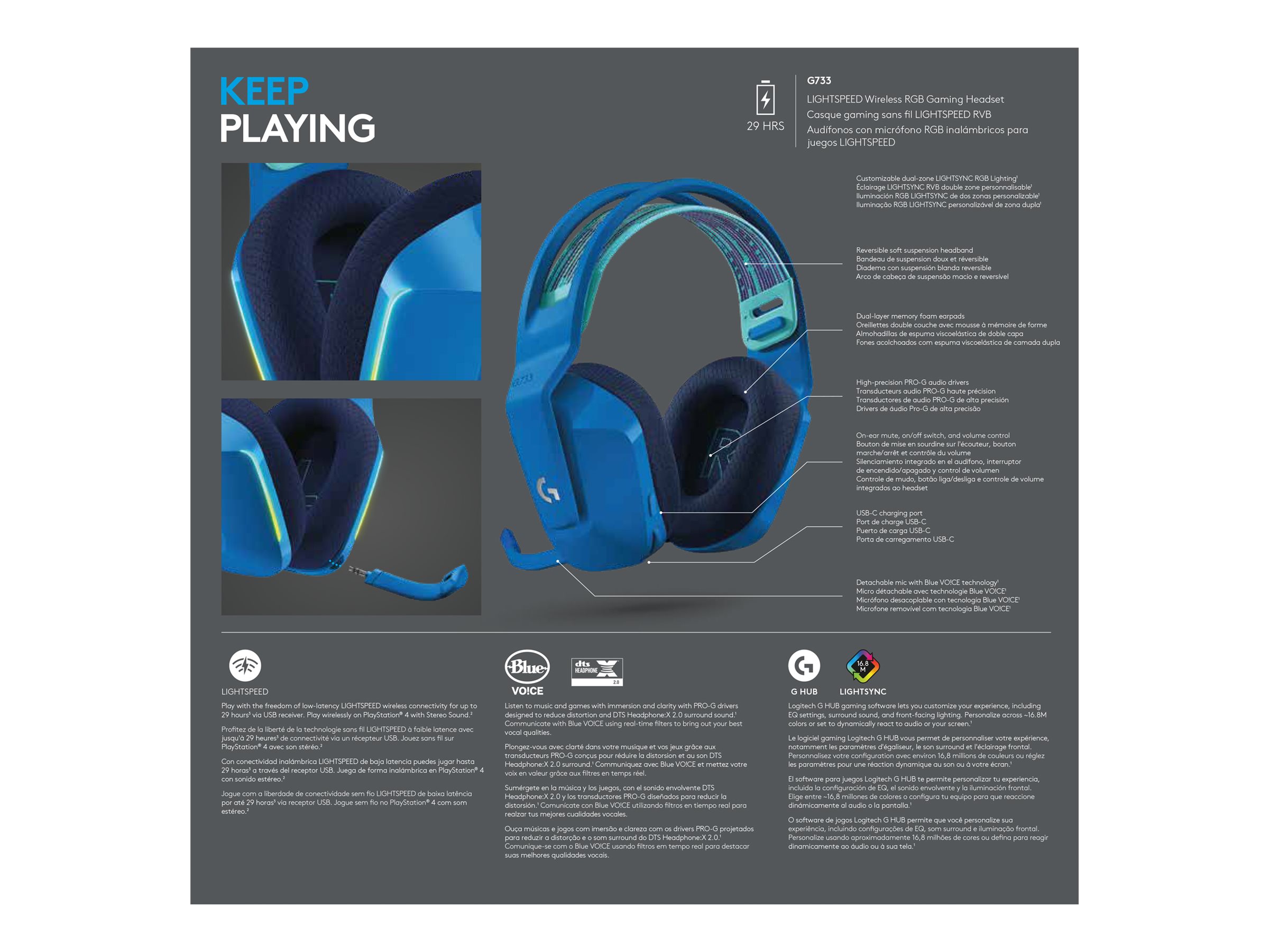 Logitech G G733 LIGHTSPEED Wireless RGB Gaming Headset Trådløs Høretelefoner Blå