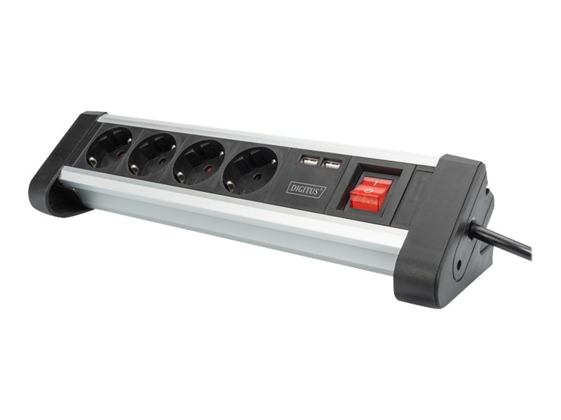 4-way Office Power Strip with 2x USB On/Off Switch - Alu-housing - USB out: 5V/2A - Black/Silver