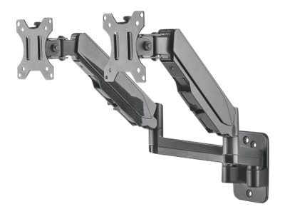 Manhattan TV & Monitor Mount, Wall, Full Motion (Gas Spring), 2 screens, Screen Sizes 17-32, Black, Dual Screen, VESA 75x75 to 100x100mm, Max 8kg (each), Tilt & Swivel with 3 Pivots, Lifetime Warranty