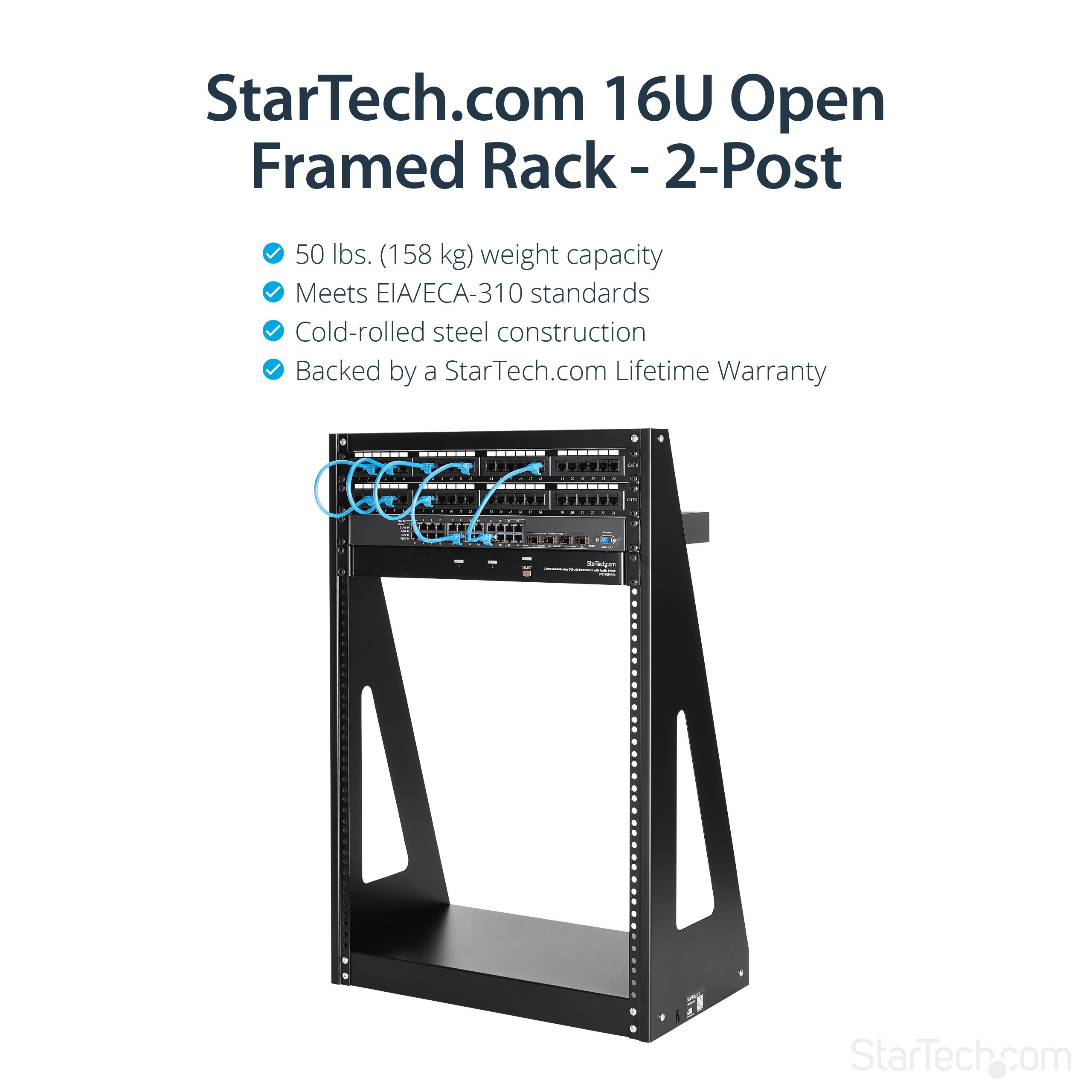 StarTech.com 16U Open Frame Network Rack - 19 2 Post Free Standing Desktop Rack for Computer, AV, Media, IT Equipment for Server Room (2POSTRACK16) Rack Sort