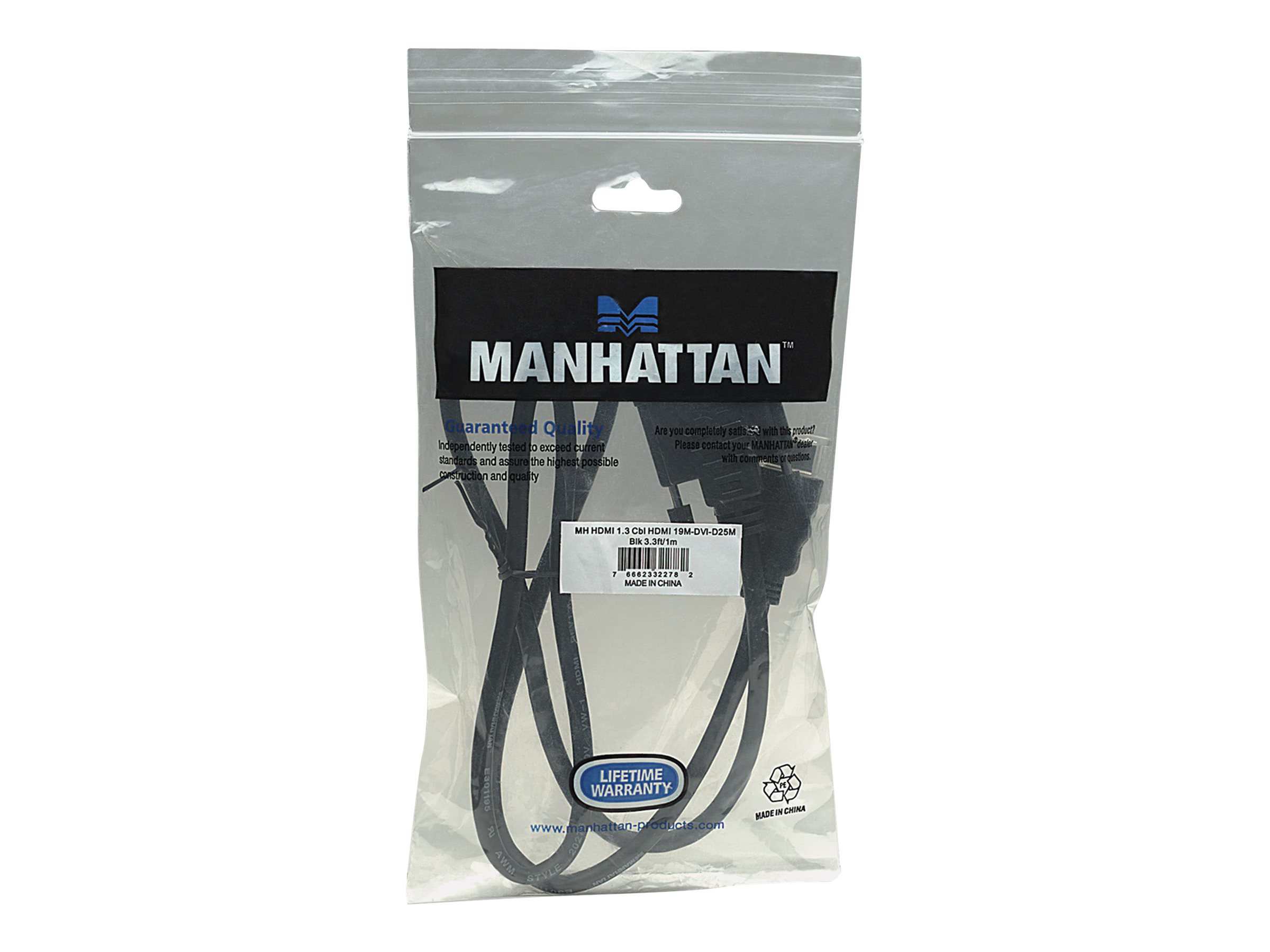 Manhattan HDMI to DVI-D 24+1 Cable, 1m, Male to Male, Black, Dual Link, Compatible with DVD-D, Lifetime Warranty, Polybag Videoadapterkabel 1m Sort