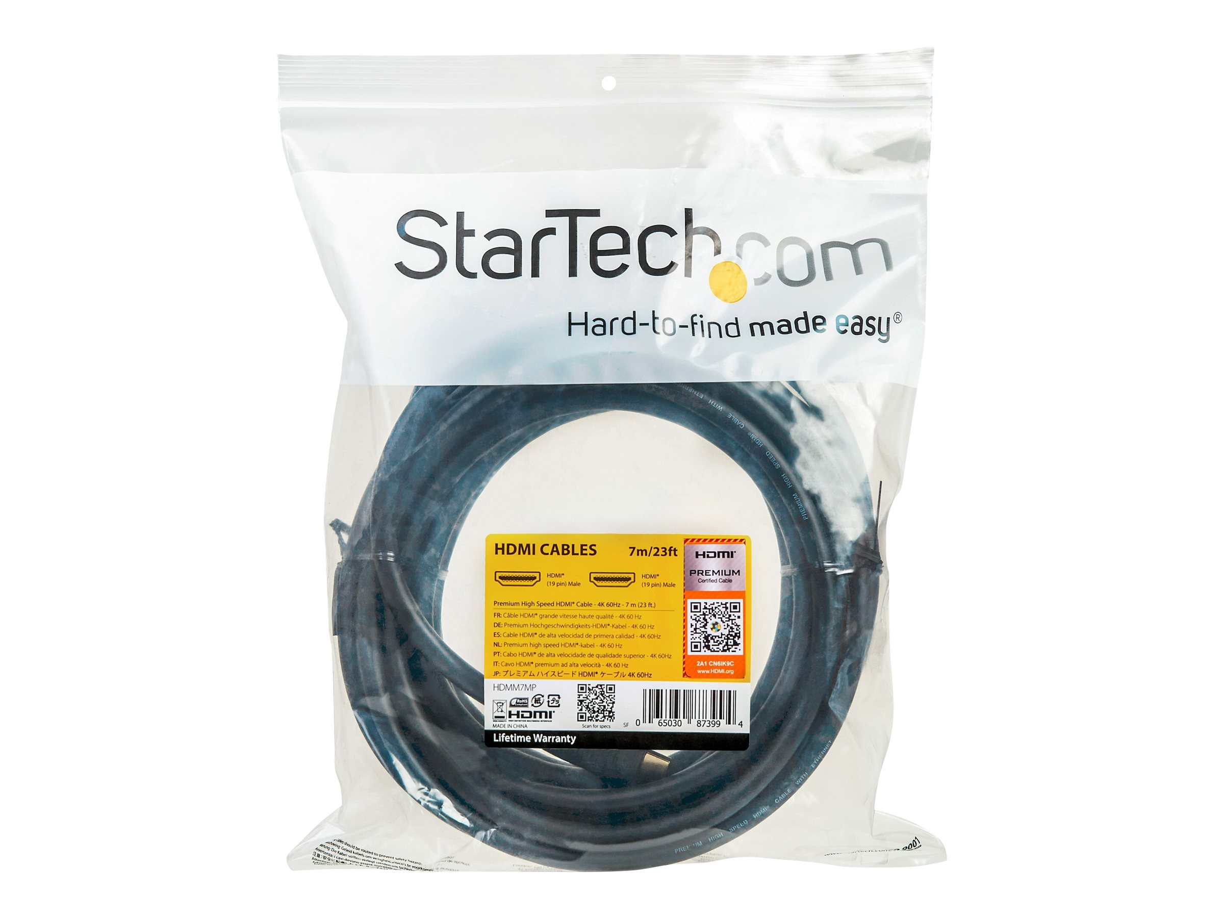StarTech.com StarTech.com Premium Certified High Speed HDMI 2.0 Cable with Ethernet - 23ft 7m - 3D Ultra HD 4K 60Hz - 23 feet Long HDMI Male to Male Cord (HDMM7MP) HDMI-kabel med Ethernet 7m Sort
