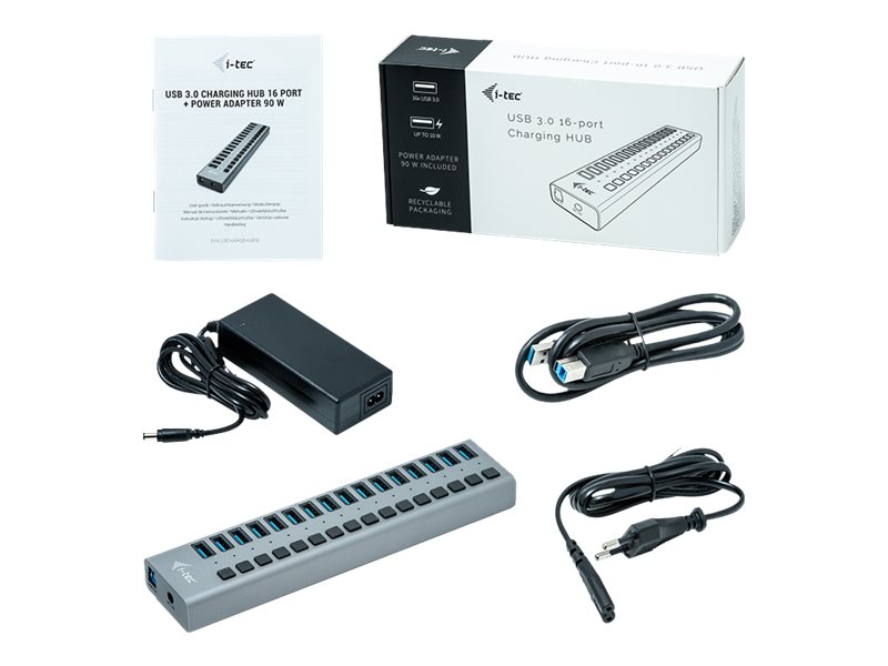 i-Tec USB 3.0 Charging HUB 16 port + Power Adapter 90 W Grå