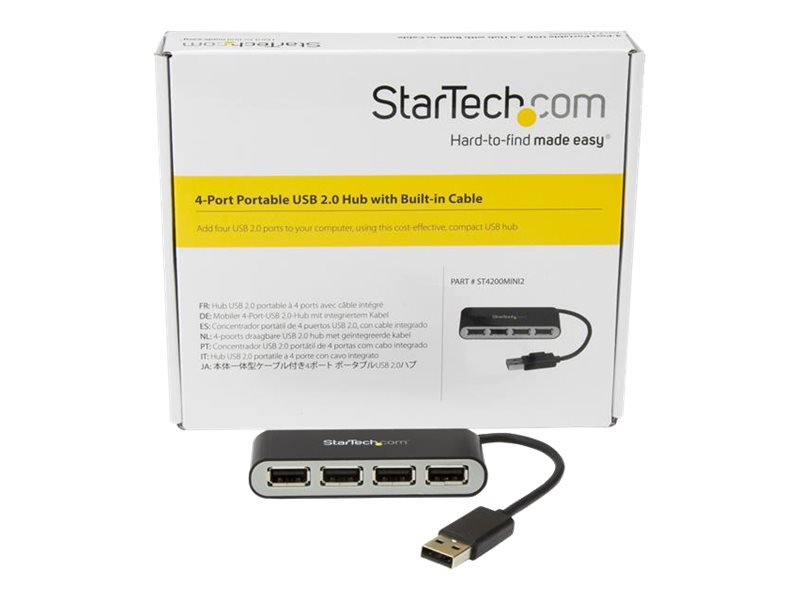 StarTech.com 4 Port USB 2.0 Hub - USB Bus Powered - Portable Multi Port USB 2.0 Splitter and Expander Hub - Small Travel USB Hub (ST4200MINI2) Sort Sølv