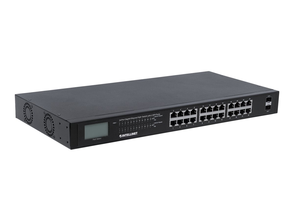 Intellinet 24-Port 2 SFP Ports, LCD Display, IEEE 802.3at/af Power over ( / ) Compliant, 370 W, Endspan, 19 Rackmount (Euro 2-pin plug) Switch 24-porte Gigabit PoE+