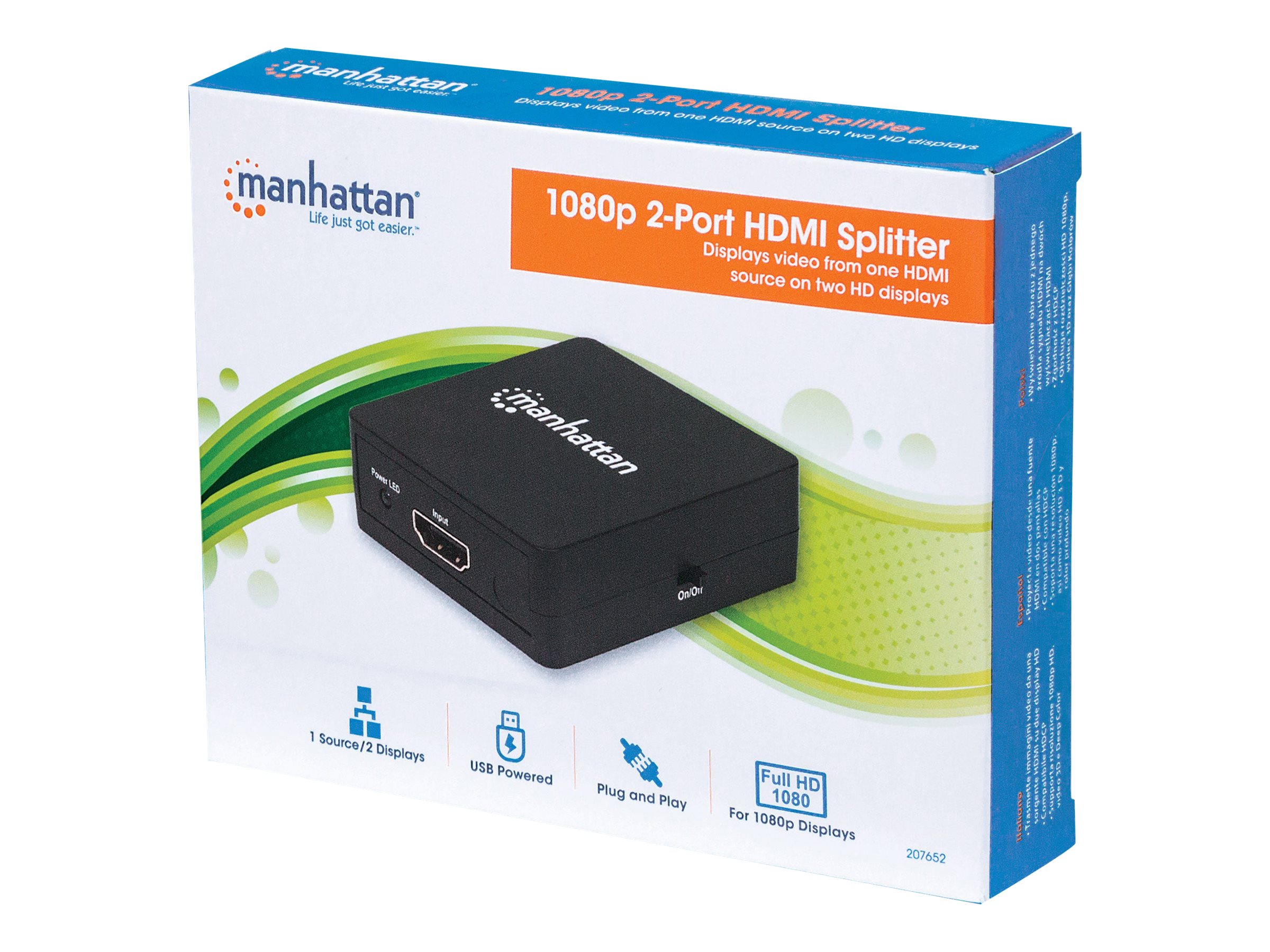 Manhattan HDMI 1080p Splitter 2-Port , USB-A Powered, Black, Box Video-/audiosplitter HDMI
