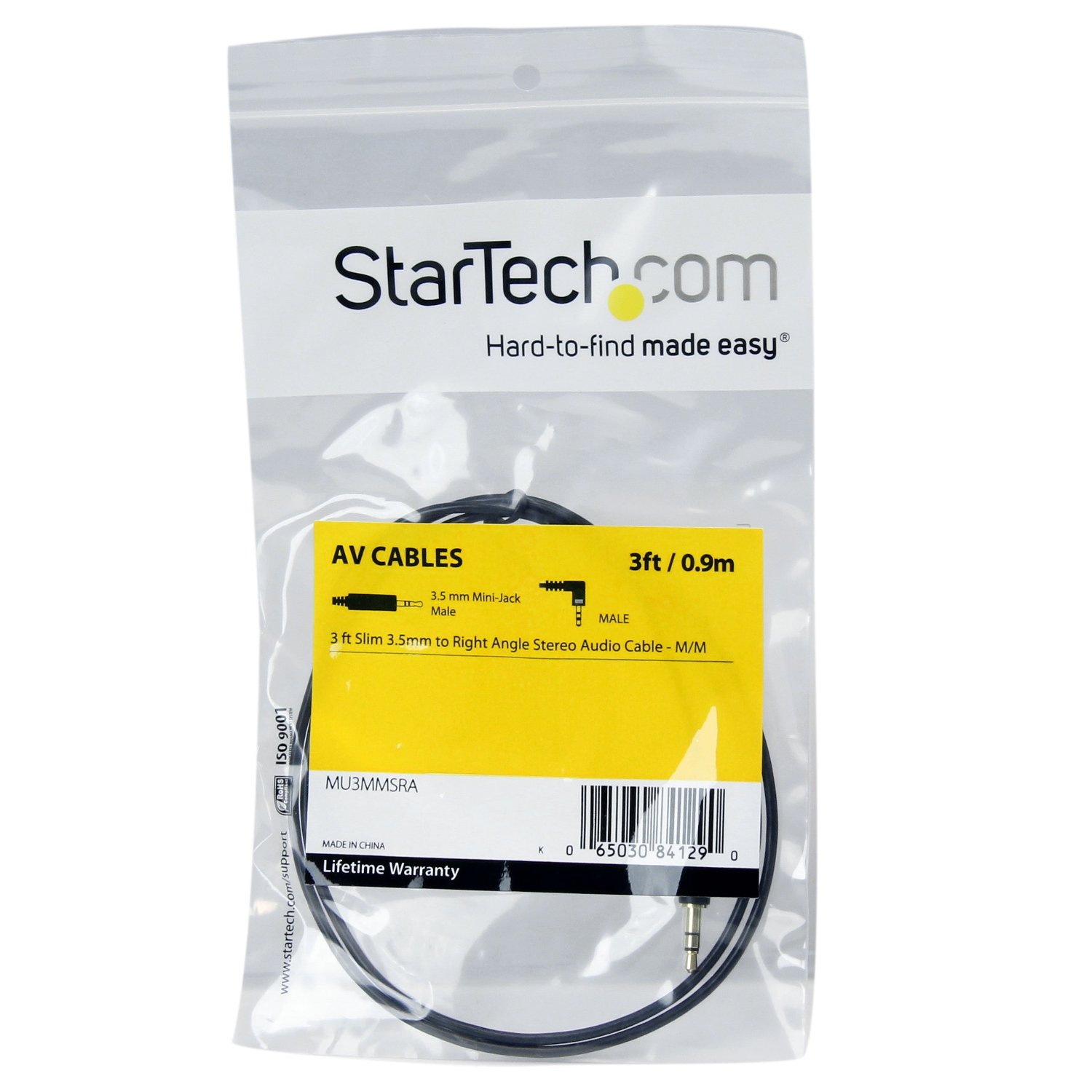 StarTech.com 3 ft. (0.9 m) 3.5mm Audio Cable - 3.5mm Slim Audio Cable - Right Angle - Male/Male - Aux Cable (MU3MMSRA) Audiokabel 91cm Sort