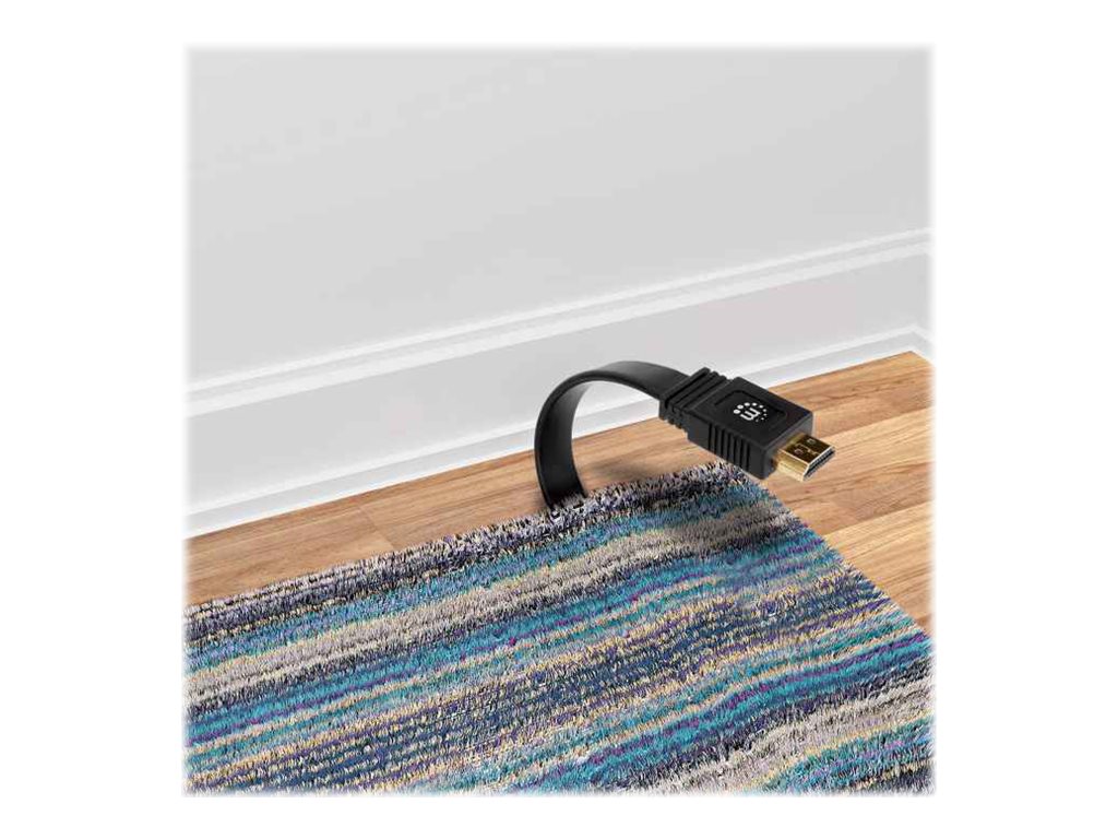 Manhattan HDMI Cable with Ethernet (Flat), 4K@60Hz (Premium High Speed), 10m, Male to Male, Black, Ultra HD 4k x 2k, Fully Shielded, Gold Plated Contacts, Lifetime Warranty, Polybag HDMI-kabel med Ethernet 10m Sort
