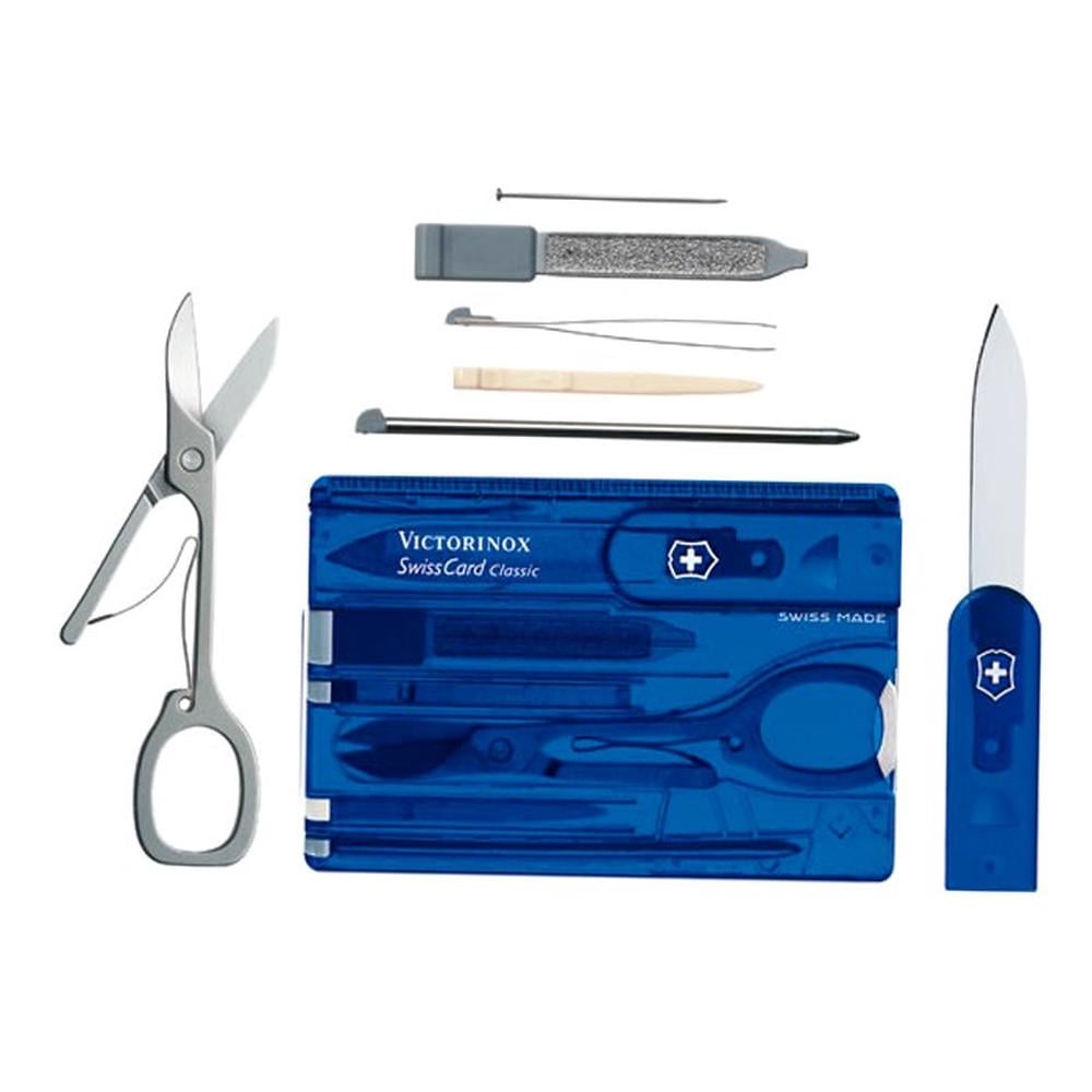 [AI generated title] Victorinox Swisscard Multiværktøj Blå Transparent