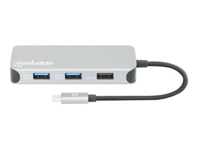 Manhattan USB-C Dock/Hub with Card Reader, Ports (x6) Ethernet, HDMI, USB-A (x3) and USB-C, With Power Delivery (10W) to USB-C Port (Note additional USB-C wall charger and USB-C cable needed), Cable 15cm, Aluminium, Silver, Three Year Warranty, Retail Bo