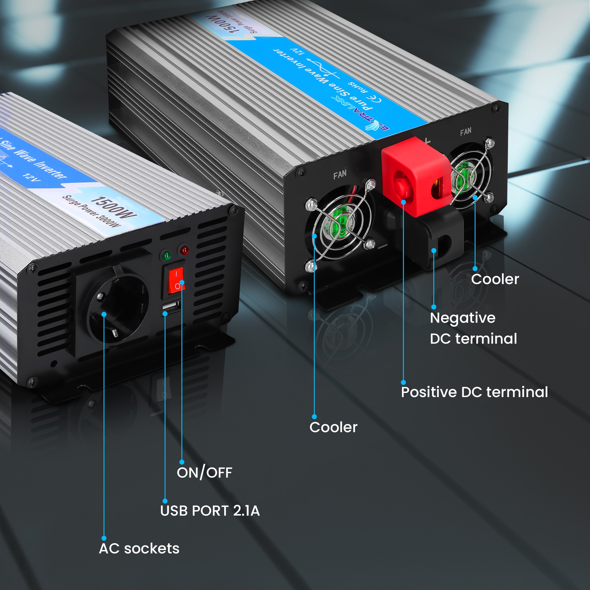 Extralink OPIP-1500W DC til AC inverter Ekstern 12V/230V, 1500W Pure sinewave
