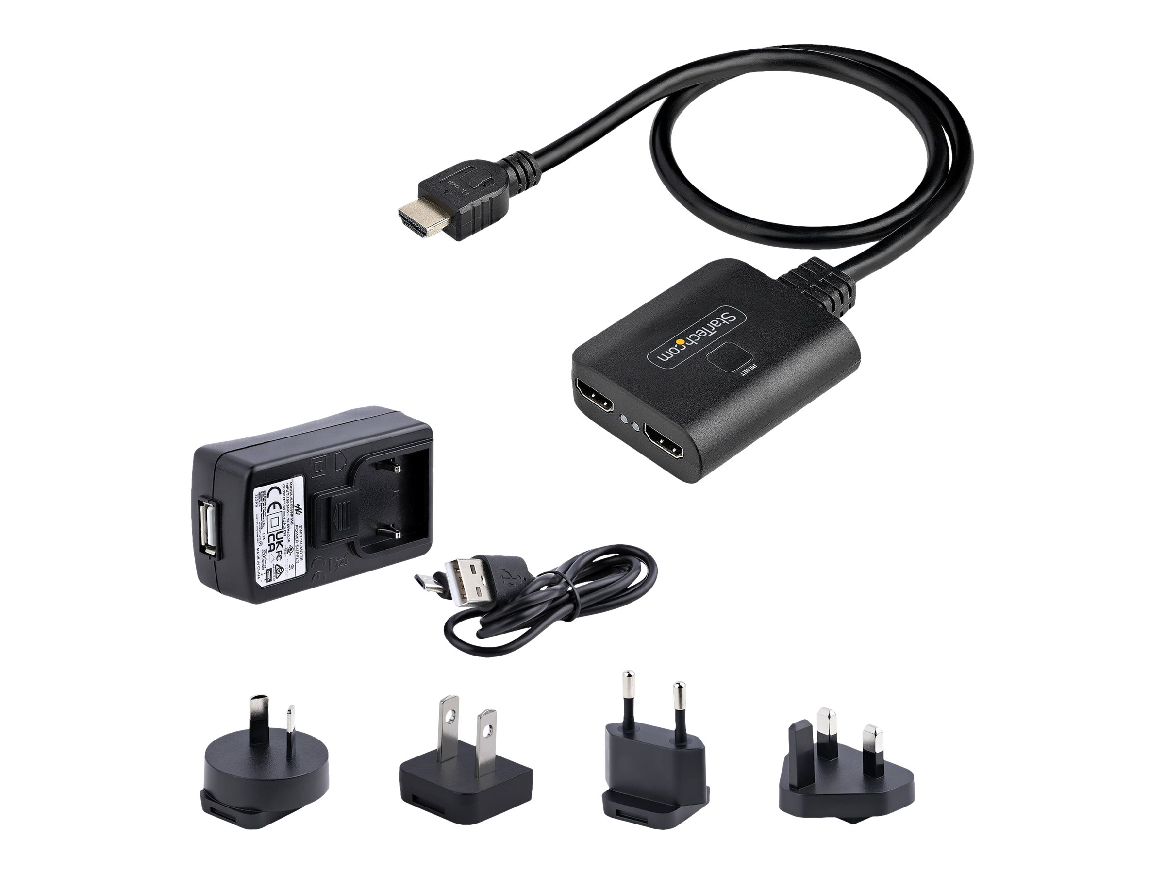 StarTech.com 2-Port HDMI Splitter, 4K 60Hz HDMI 2.0 Video, 4K HDMI Splitter 1 In 2 Out, 1x2 HDMI Display/Output Splitter, HDR/HDCP - 20in (50cm) Built-in HDMI Cable, Powered via USB or Included Power Supply (HDMI-SPLITTER-4K60UP) Video-/audiosplitter HDMI