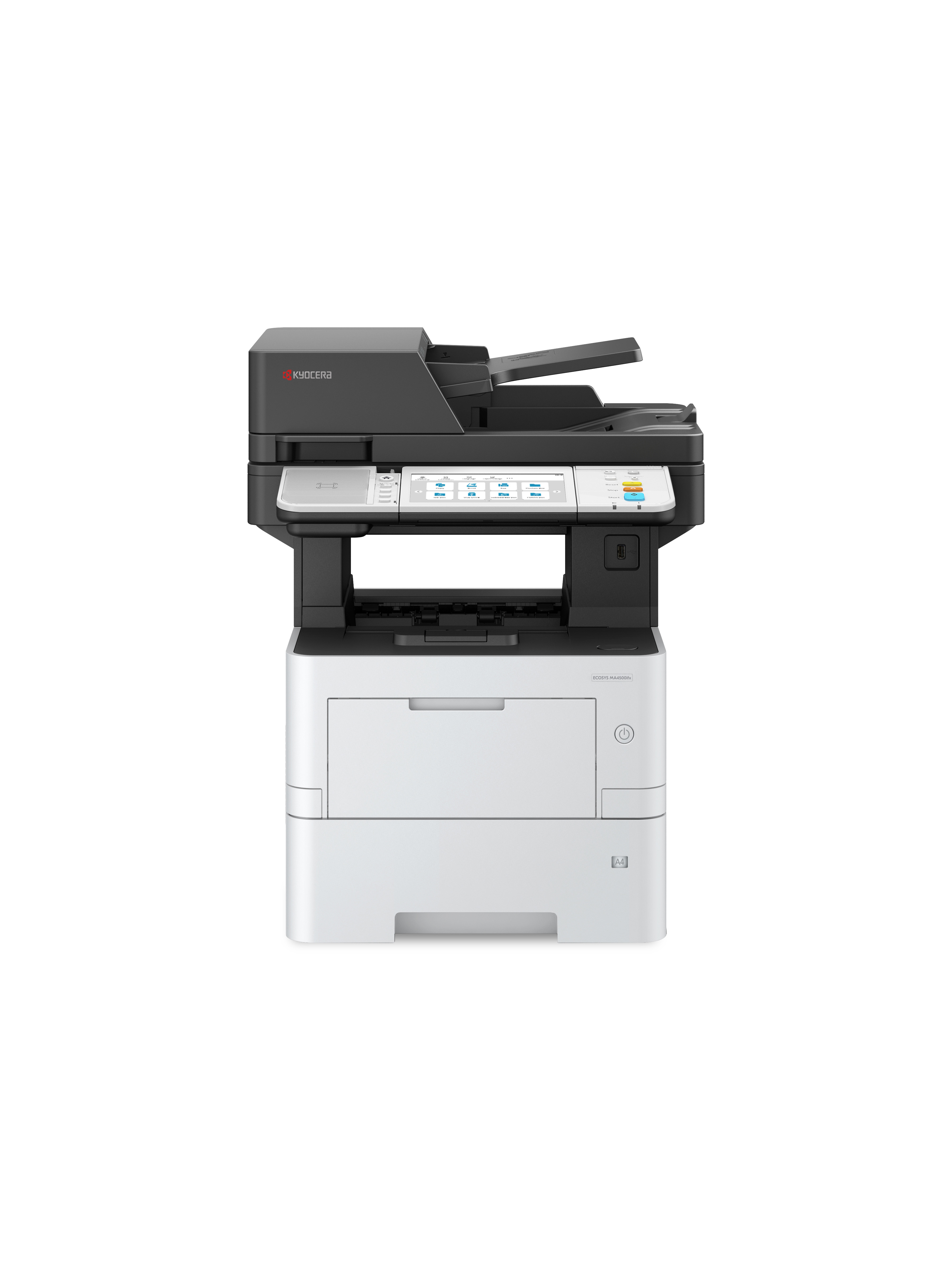 KYOCERA ECOSYS MA4500ifx. Udskrivningsteknologi: Laser, Udskrivning: Monoprint, Maksimal opløsning: 1200 x 1200 dpi. Kopiering: Monokopiering, Maksimal kopiopløsning: 600 x 600 dpi. Scanning: Farvescanning, Optisk scanningsopløsning: 600 x 600 dpi. Fax: Monofaxing. Duplex-funktioner: Kopier, Fax, Udskriv, Scanne. Maksimal ISO A-serie papirstørrelse: A4. Direkte udskrivning. Produktfarve: Sort, Hvid