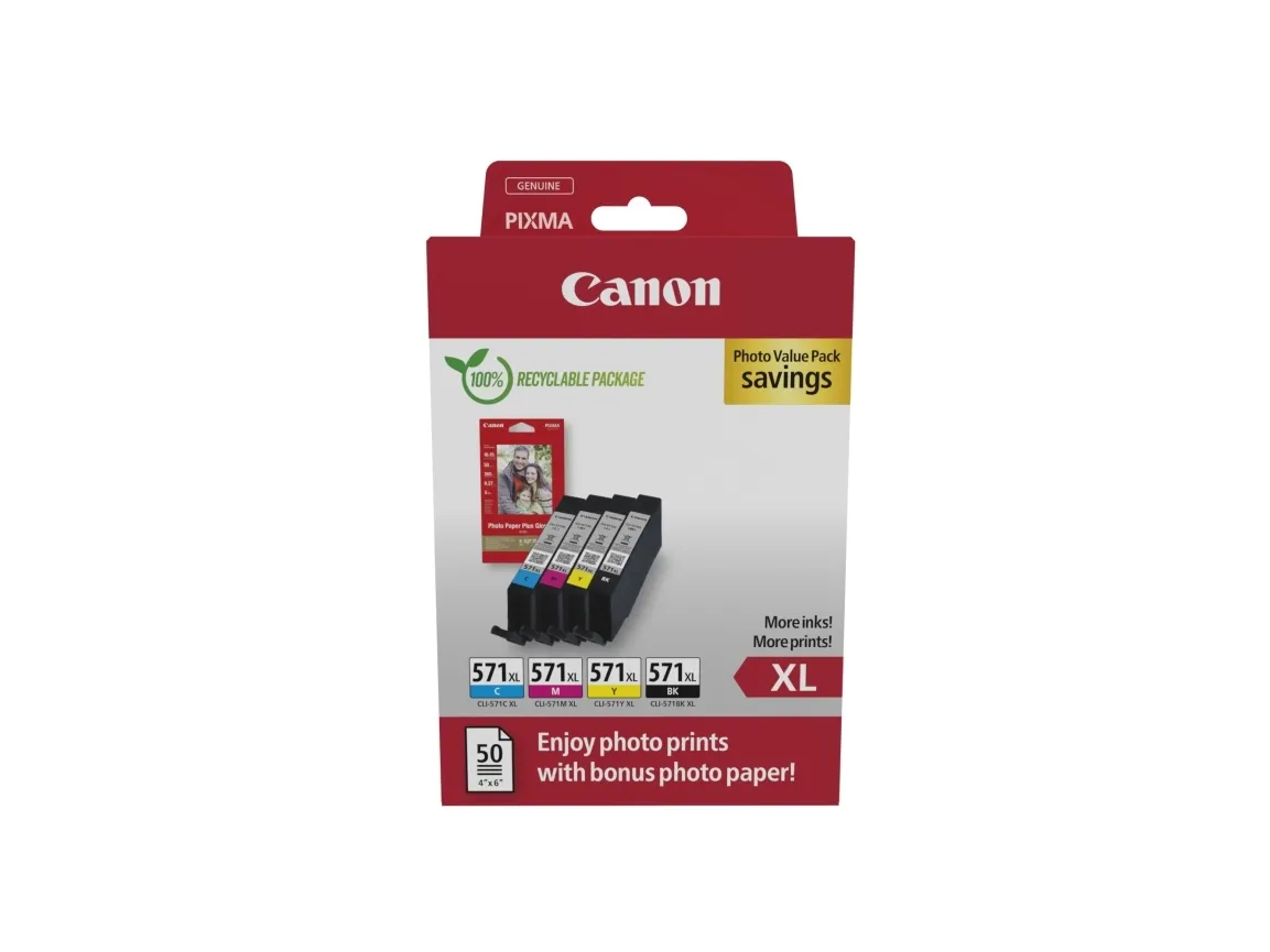 Canon CLI-571XL Photo Paper Value Pack Sort Farve (cyan, magenta, gul) Blækpatron/papirsæt