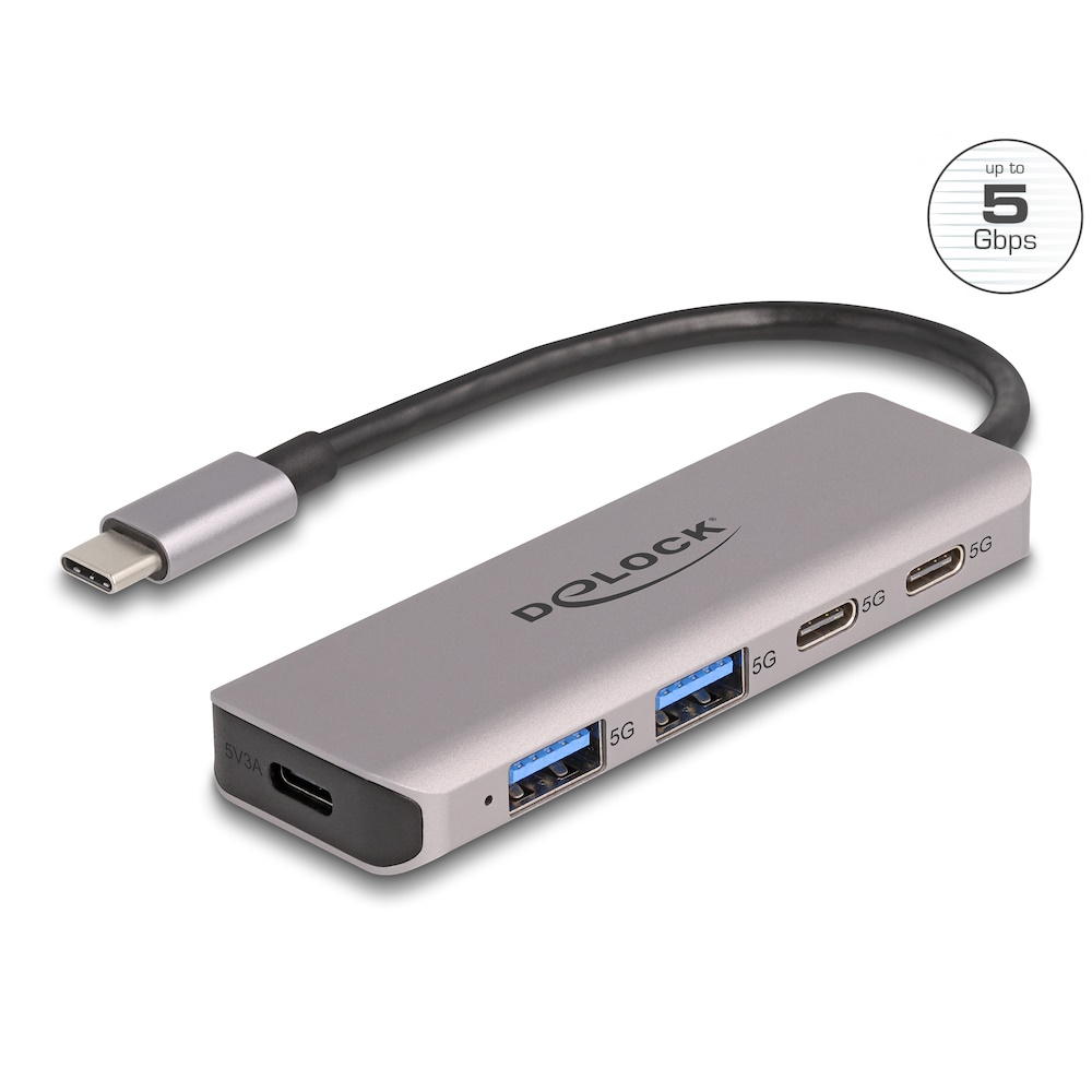 DeLock USB-C 4-Port Hub med ekstern strømforsyning 5Gbps