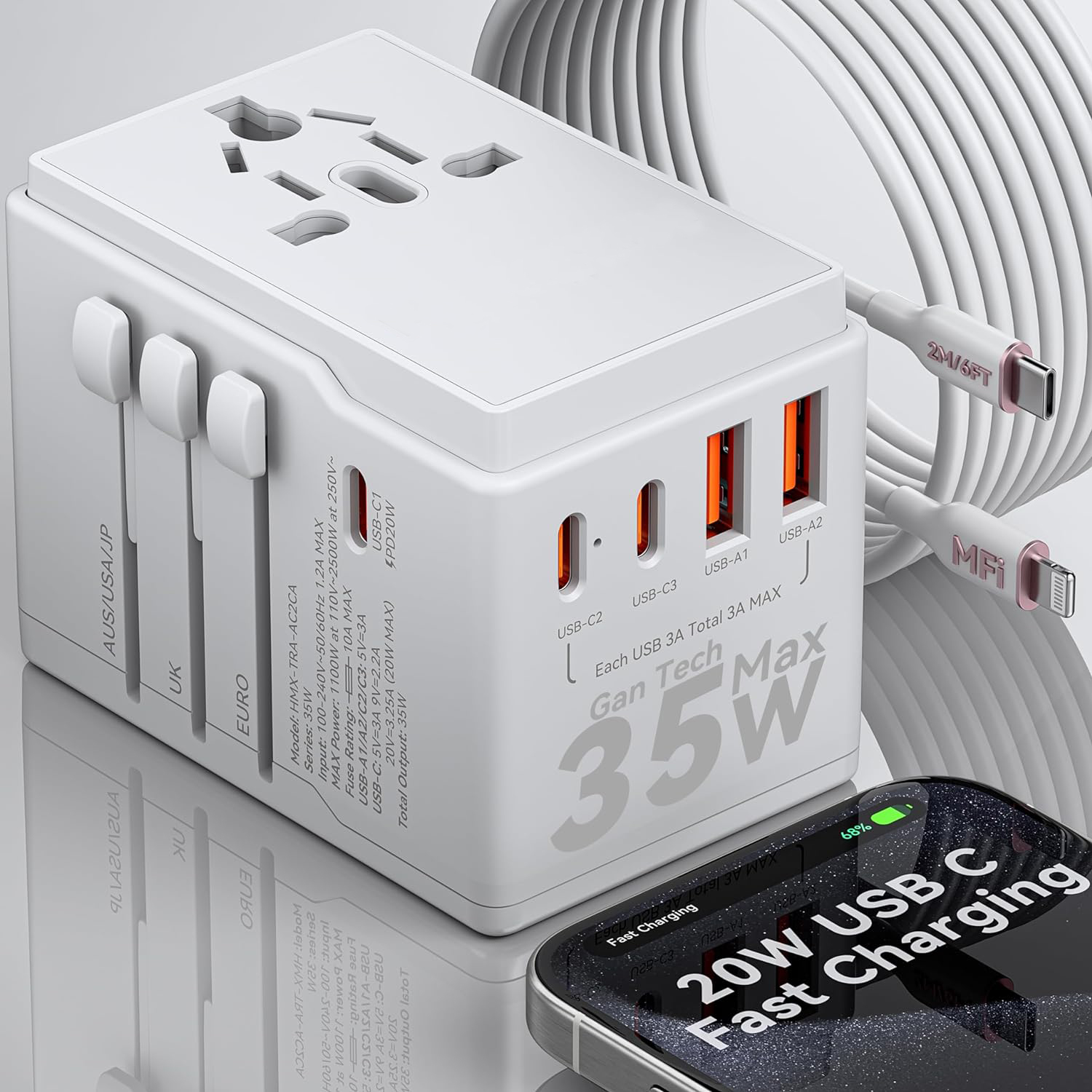 Dudao A35Pro Universal Travel Adapter 35Watt GaN 3xUSB-C + 2xUSB-A White