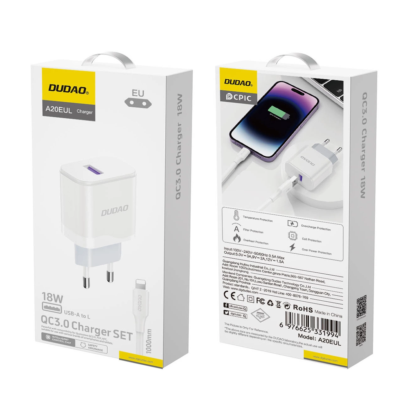 Dudao A20EUL Adapter 18Watt 1xUSB-A (1m USB-A to Lightning cable included)
