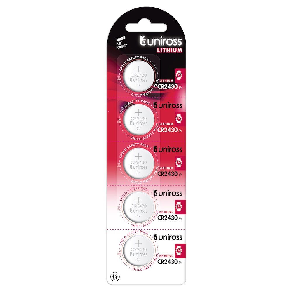 Uniross Lithium CR2430 Knapcellebatterier 290mAh, 5 stk.