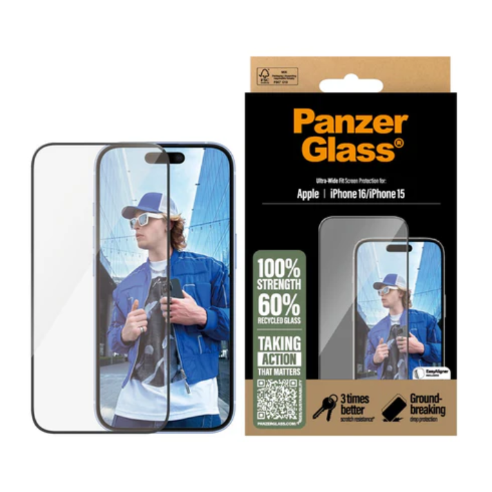 PanzerGlass Screen Protector Apple iPhone 16, 15 | Ultra-Wide Fit