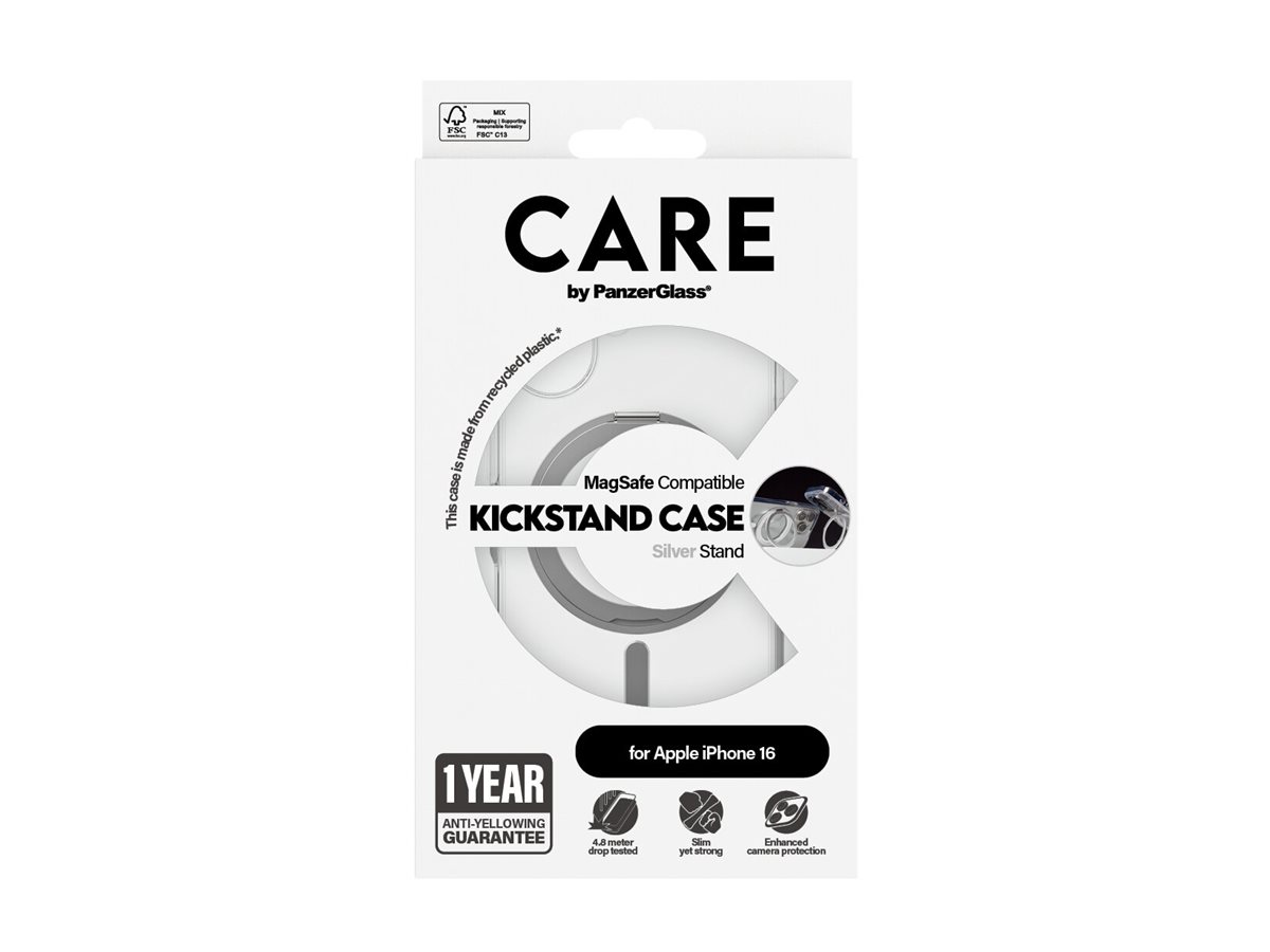 PanzerGlass CARE by Feature Case Transparent w. Silver Kickstand & MagSafe iPhone 16 Beskyttelsescover Transparent Apple iPhone 16
