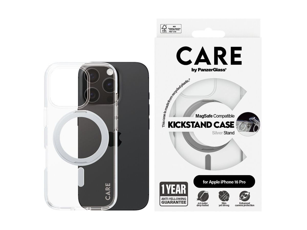 PanzerGlass CARE by Feature Case Transparent w. Silver Kickstand & MagSafe iPhone 16 Pro Beskyttelsescover Transparent