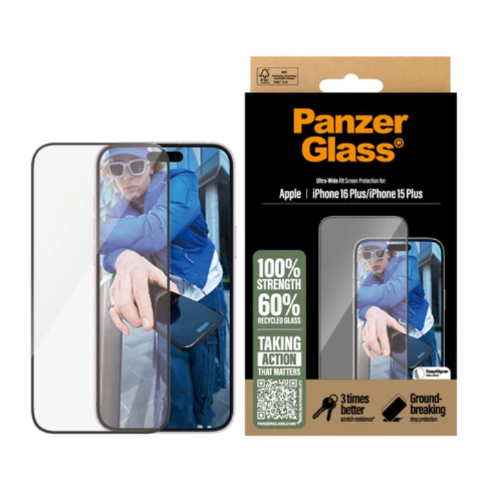 PanzerGlass Screen Protector Apple iPhone 16 Plus, 15 Plus | Ultra-Wide Fit