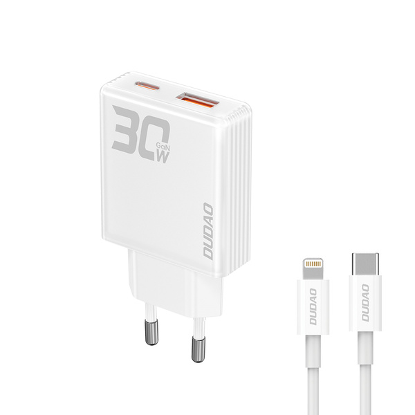 Dudao A30EU Adapter 30Watt GaN 1xUSB-C 1xUSB-A (USB-C to Lightning cable included)