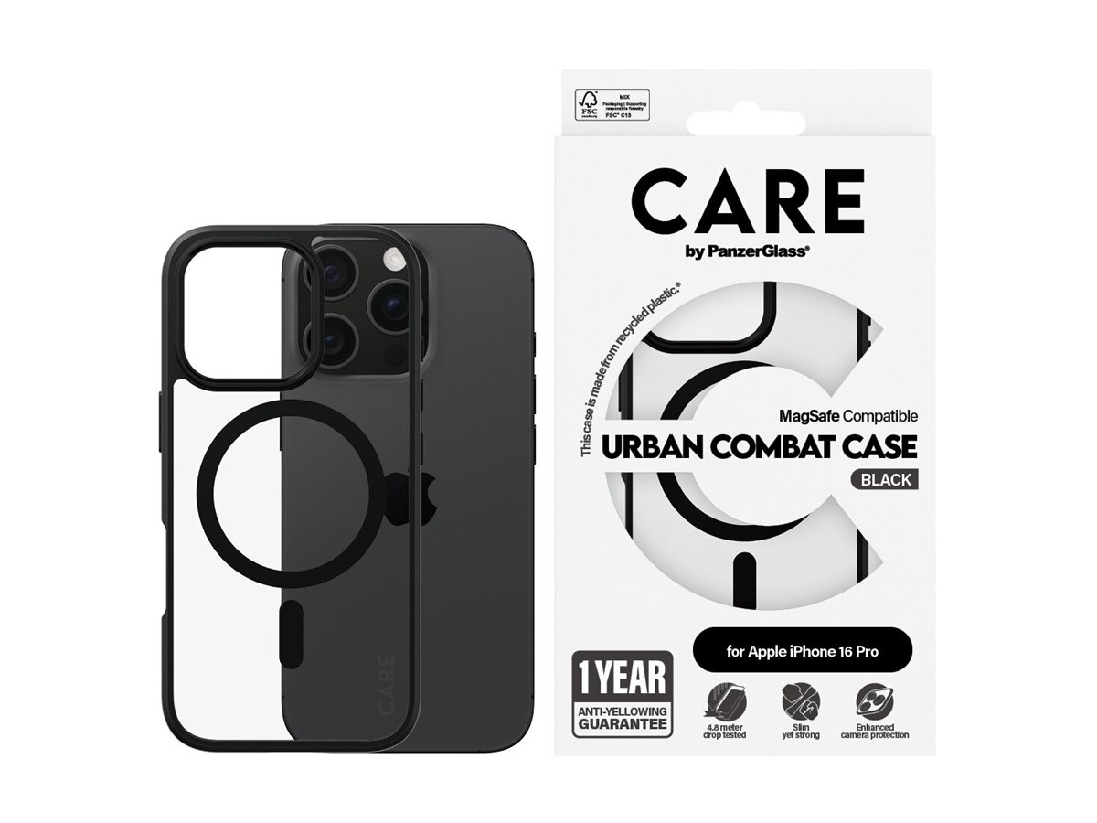 PanzerGlass CARE by Flagship Case Transparent Urban Combat w. Black Frame & MagSafe iPhone 16 Pro Beskyttelsescover Transparent Apple iPhone 16 Pro
