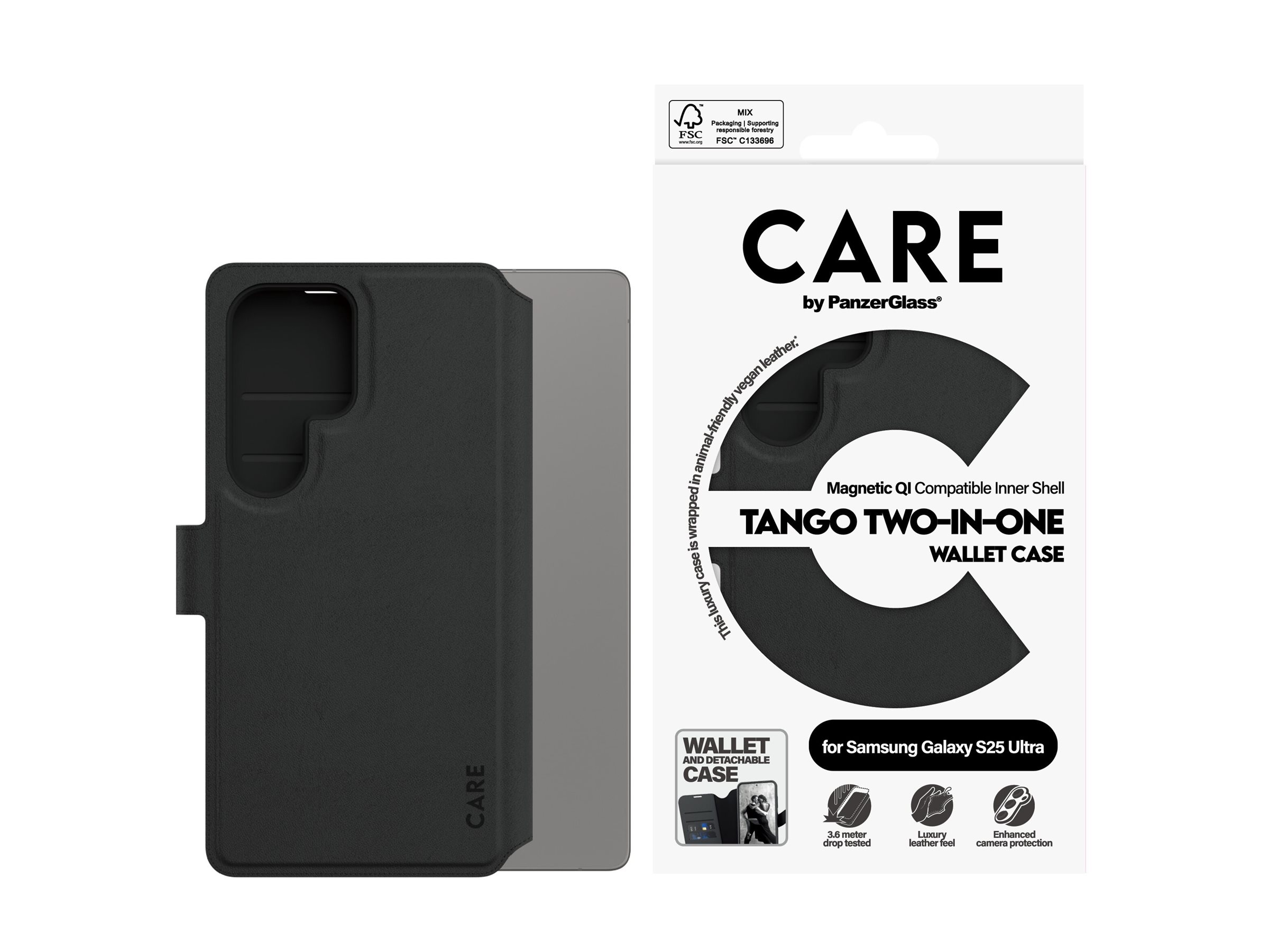 PanzerGlass CARE by Feature Case Tango Two-in-One Wallet w. Qi Compatible Samsung Galaxy S25 Ultra Beskyttelsescover Sort Samsung Galaxy S25 Ultra