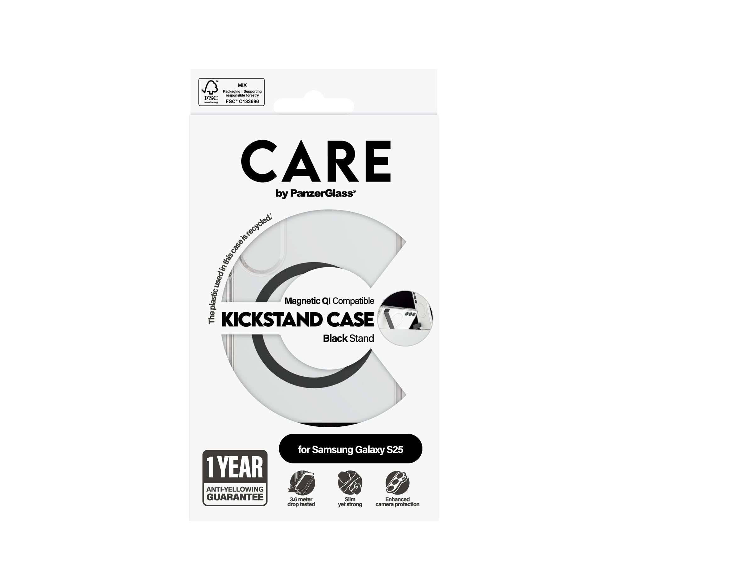 PanzerGlass CARE by Feature Case Transparent w. Black Kickstand & Qi Compatible Samsung Galaxy S25 Beskyttelsescover Transparent Samsung Galaxy S25