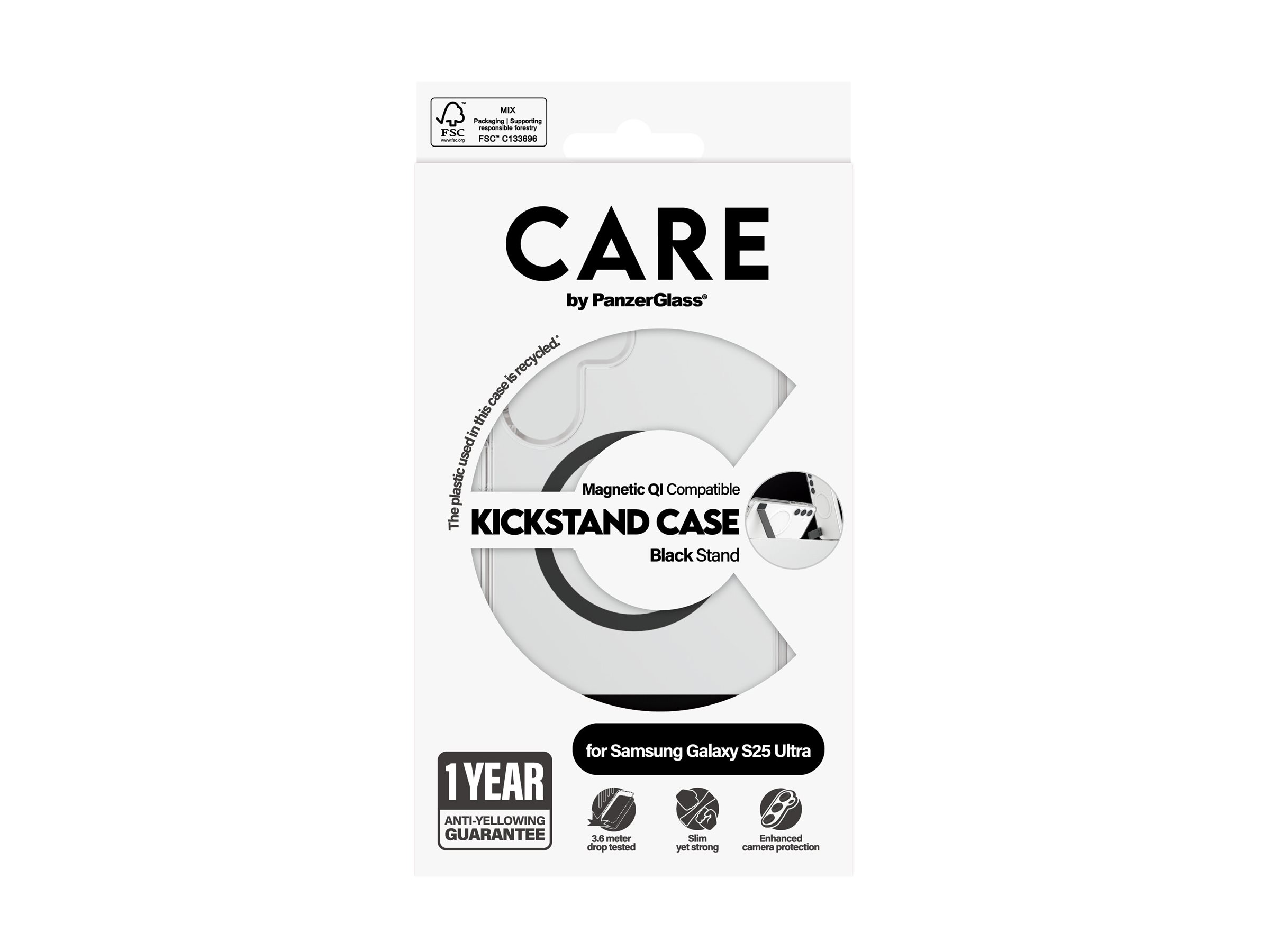 PanzerGlass CARE by Feature Case Transparent w. Black Kickstand & Qi Compatible Samsung Galaxy S25 Ultra Beskyttelsescover Transparent Samsung Galaxy S25 Ultra