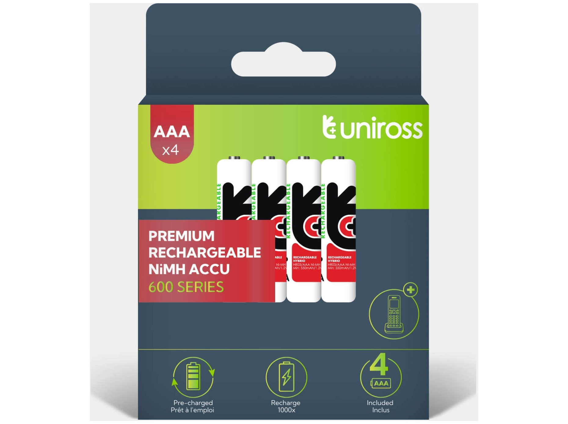 Uniross Ni-MH AA / HR6 Genopladelige Batterier 600mAh, 4 stk.