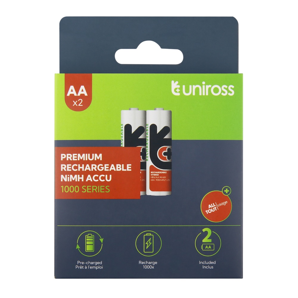 Uniross Ni-MH AA / HR6 Genopladelige Batterier 1000mAh, 2 stk.