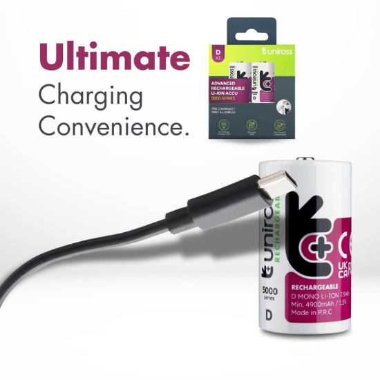 Uniross USB-C D/HR20 Genopladelige Lithiumbatterier 5000mAh, 2 stk.