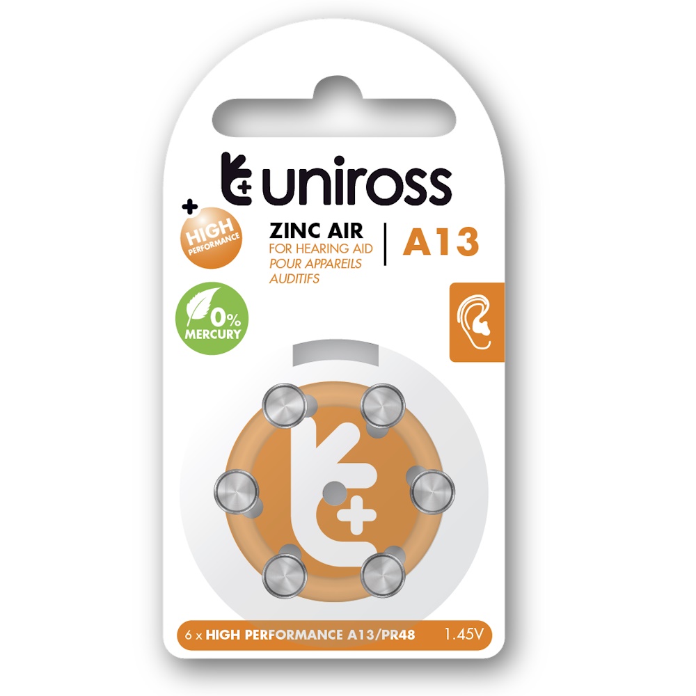 Uniross A13 Knapcellebatterier til høreapparat 230mAh, 6 stk.