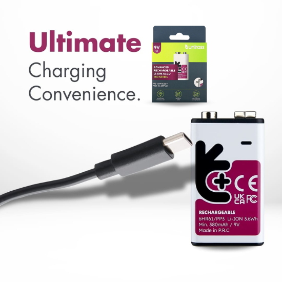 Uniross USB-C 9V/E-Block Genopladelige Lithiumbatterier 400mAh
