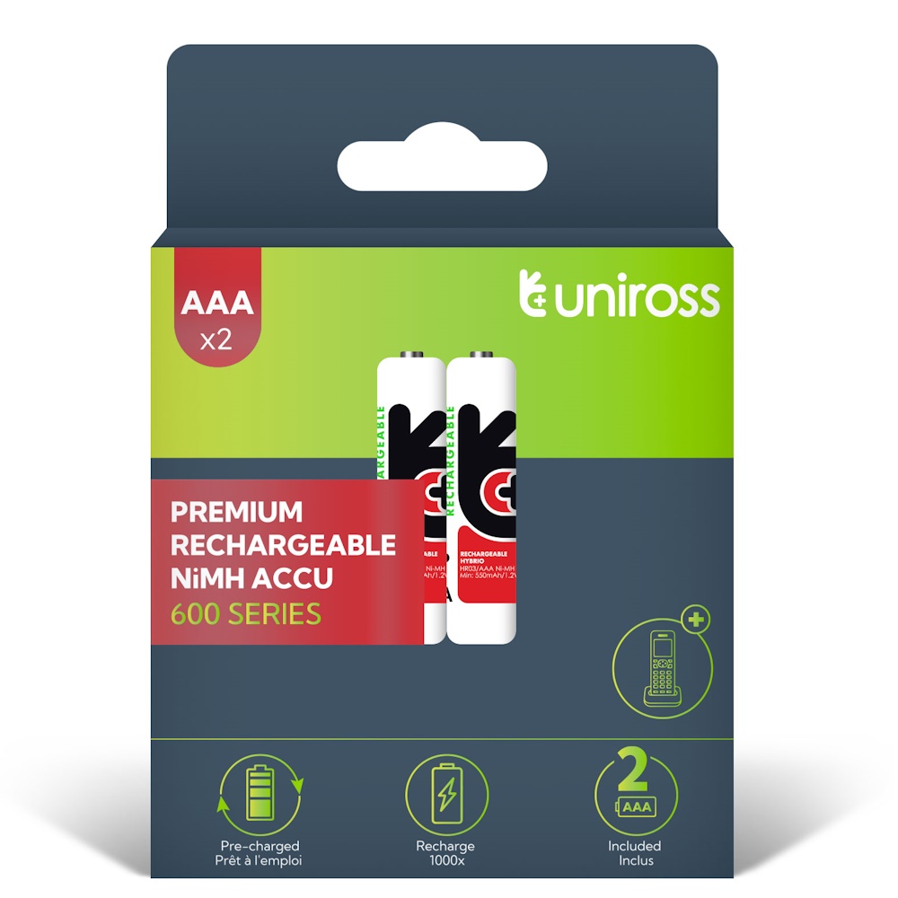 Uniross Ni-MH AAA / HR3 Genopladelige Batterier 600mAh, 2 stk.